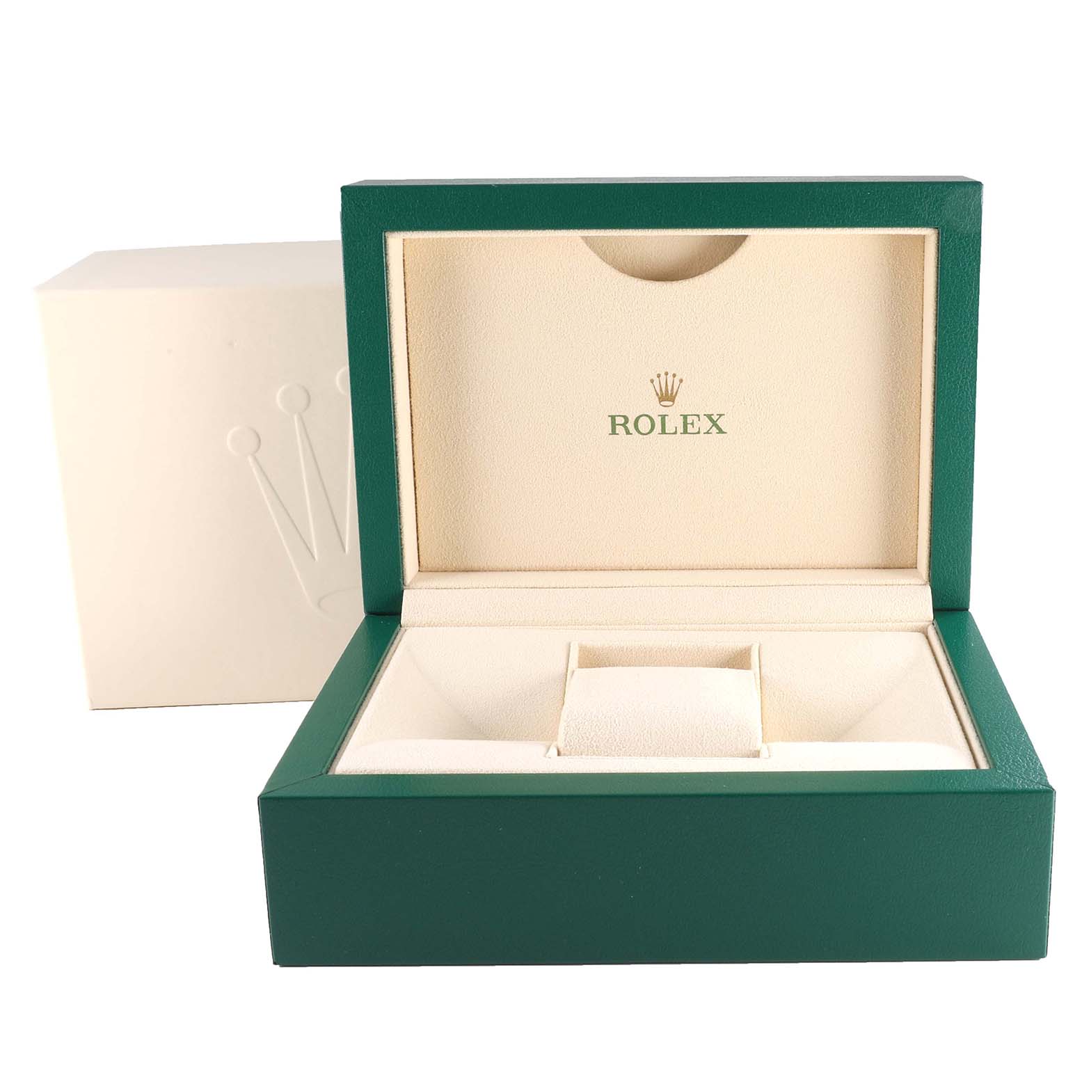 This image shows an open Rolex Daytona 116503 Men's Steel and Gold (two tone) Champagne Dial 116503 Men's Steel and Gold (two tone) Champagne Dial watch box, green with cream interior, displaying the brand's logo.
