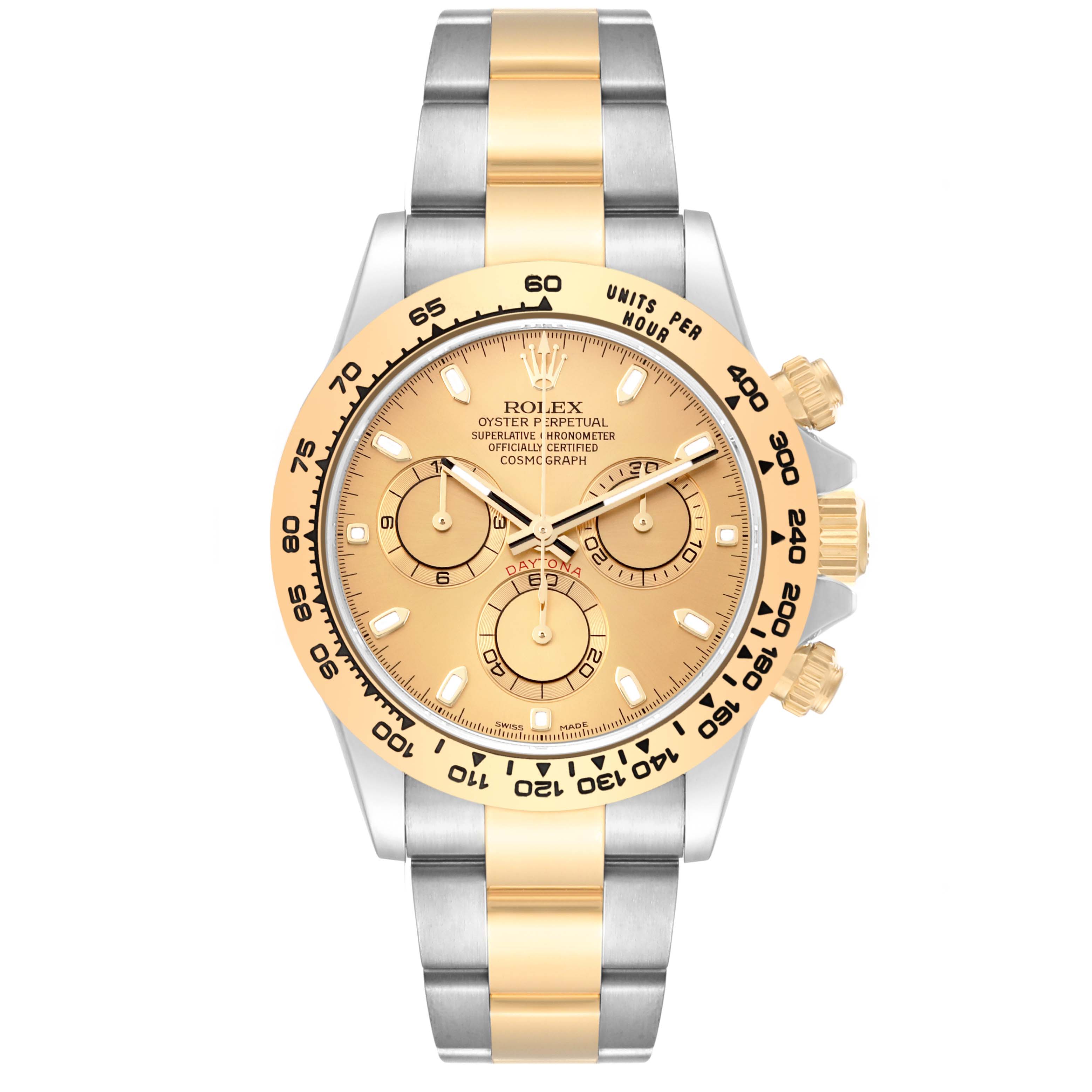The Rolex Daytona 116503 Men's Steel and Gold (two tone) Champagne Dial 116503 Men's Steel and Gold (two tone) Champagne Dial watch is shown from the front, displaying its face, three sub-dials, bezel, crown, and two-tone bracelet.