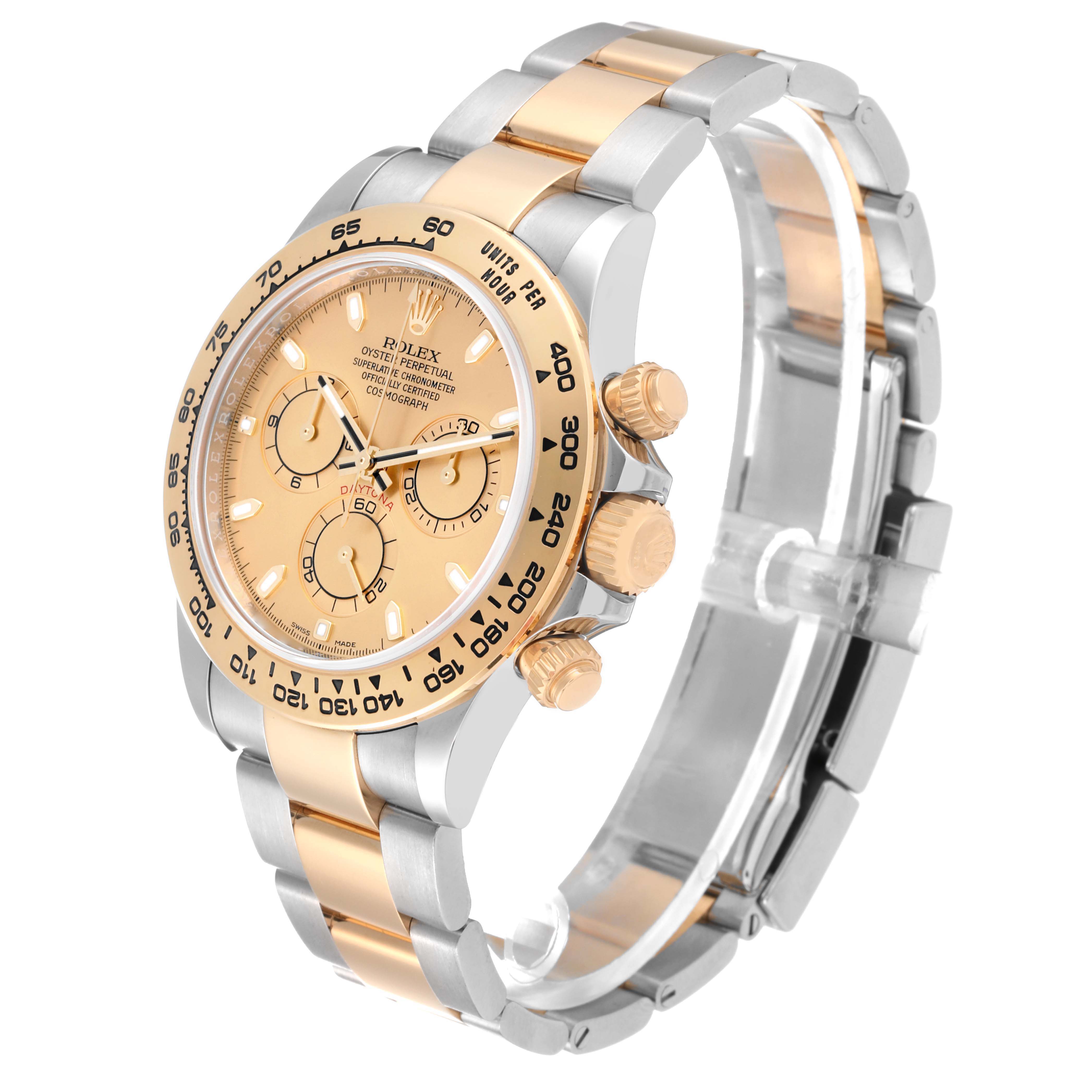 The Rolex Daytona 116503 Men's Steel and Gold (two tone) Champagne Dial 116503 Men's Steel and Gold (two tone) Champagne Dial watch is shown at a three-quarter angle, displaying the dial, bezel, chronograph pushers, and bracelet.