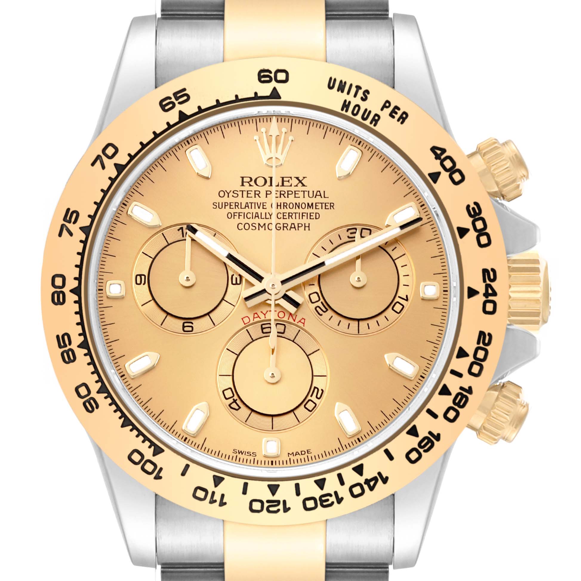 The image shows a front view of the Rolex Daytona 116503 Men's Steel and Gold (two tone) Champagne Dial 116503 Men's Steel and Gold (two tone) Champagne Dial watch, highlighting its face, bezel, and chronograph sub-dials.