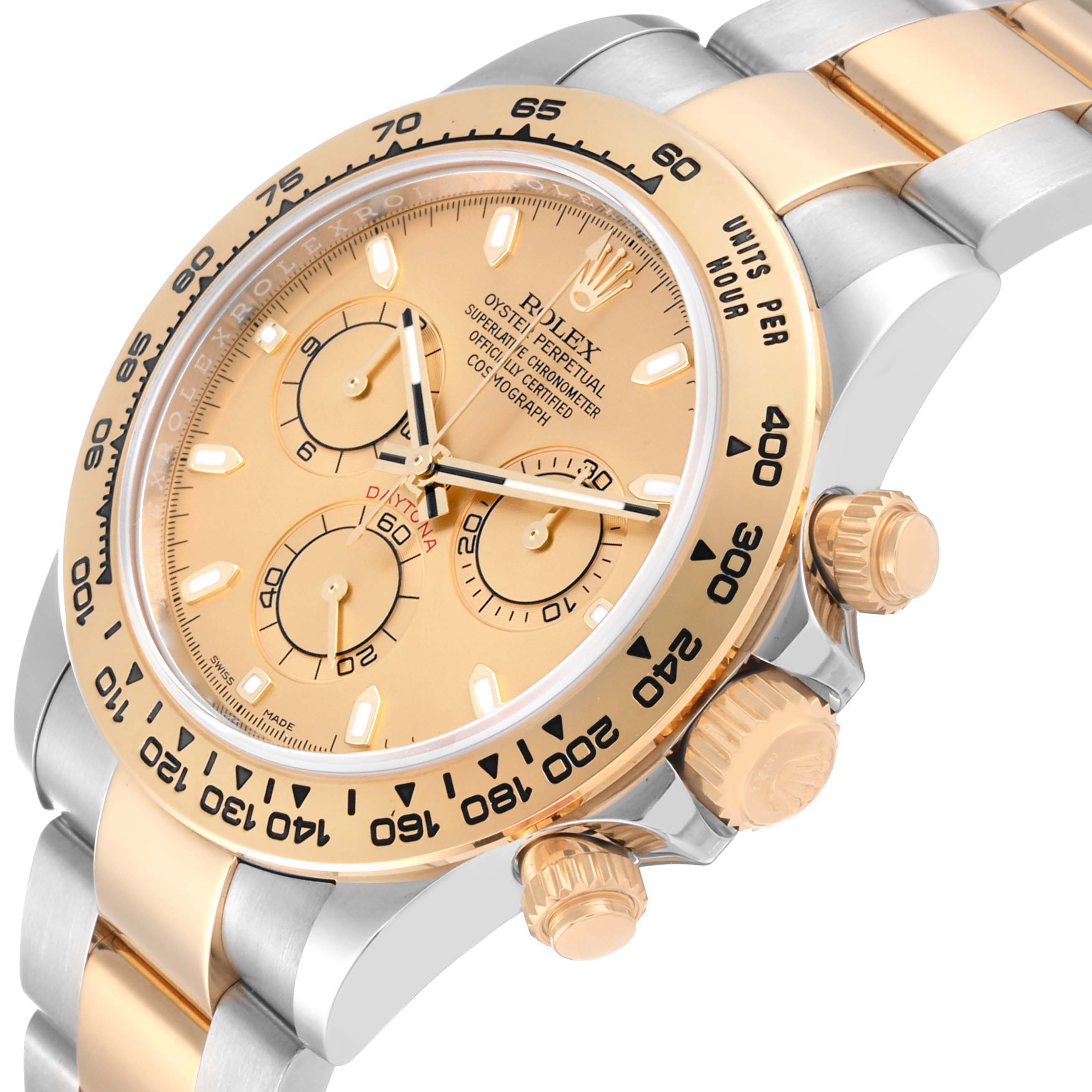 The image shows a Rolex Daytona 116503 Men's Steel and Gold (two tone) Champagne Dial 116503 Men's Steel and Gold (two tone) Champagne Dial watch from an angled top-down view, highlighting the bezel, chronograph dials, and crown.