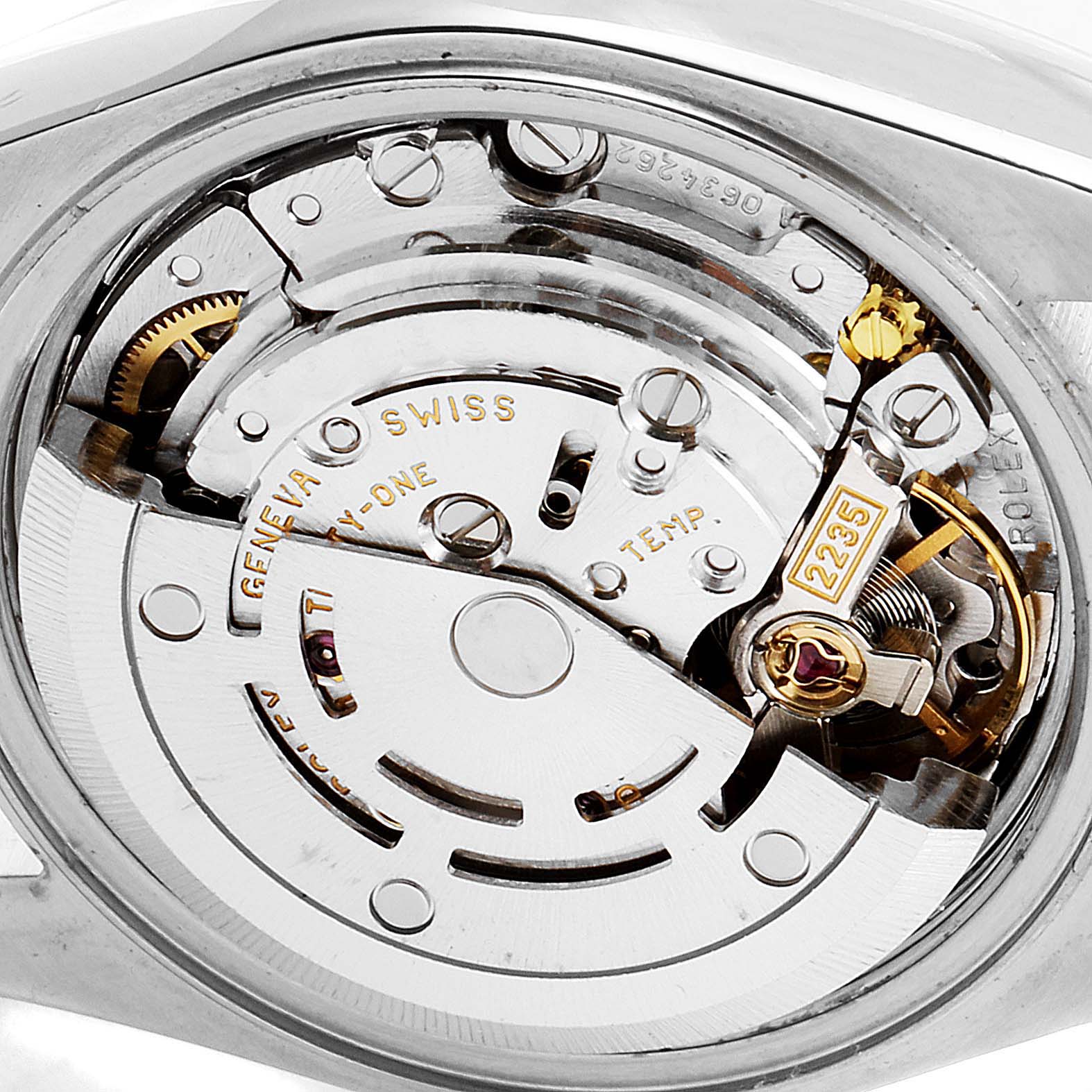 The image shows the internal movement of the Rolex Date 79160 Women's Stainless Steel Silver Dial 79160 Women's Stainless Steel Silver Dial model watch, taken from a close-up angle.