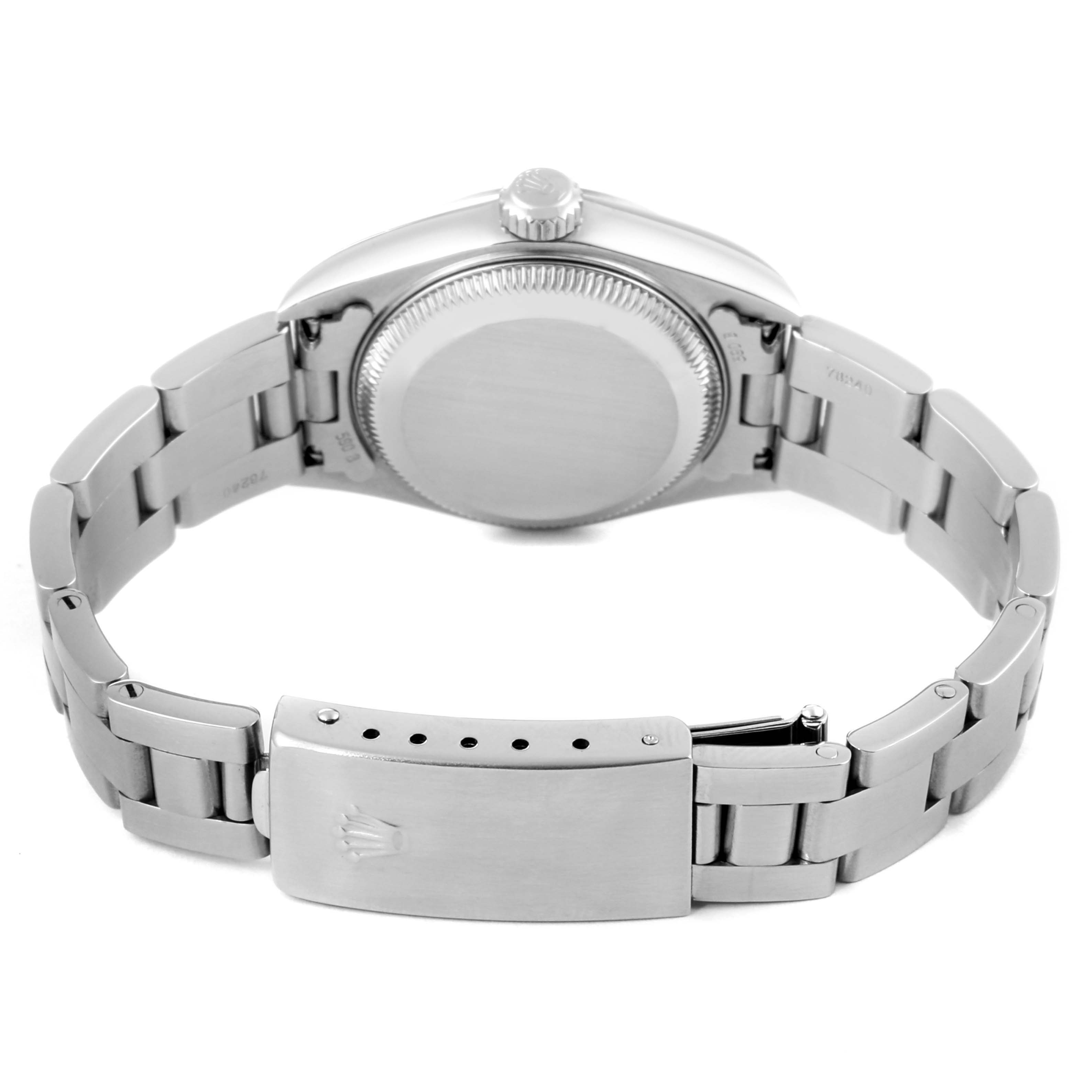 The image shows the case back and bracelet of a Rolex Date 79160 Women's Stainless Steel Silver Dial 79160 Women's Stainless Steel Silver Dial model from a rear angle.