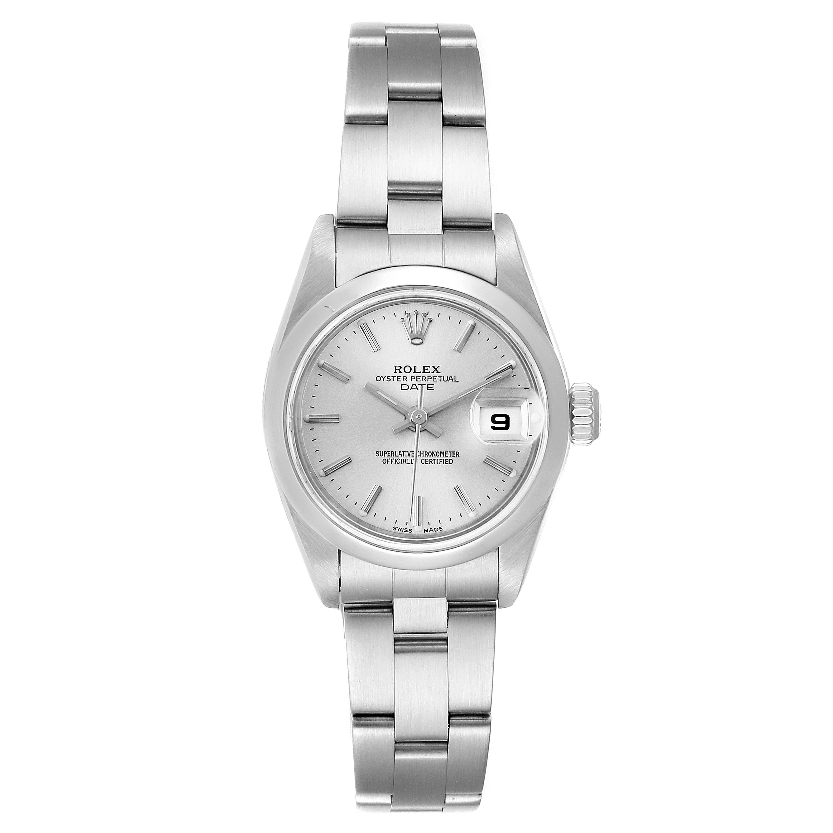 The image shows a front view of a Rolex Date 79160 Women's Stainless Steel Silver Dial 79160 Women's Stainless Steel Silver Dial model, including the dial, bracelet, crown, and date display.