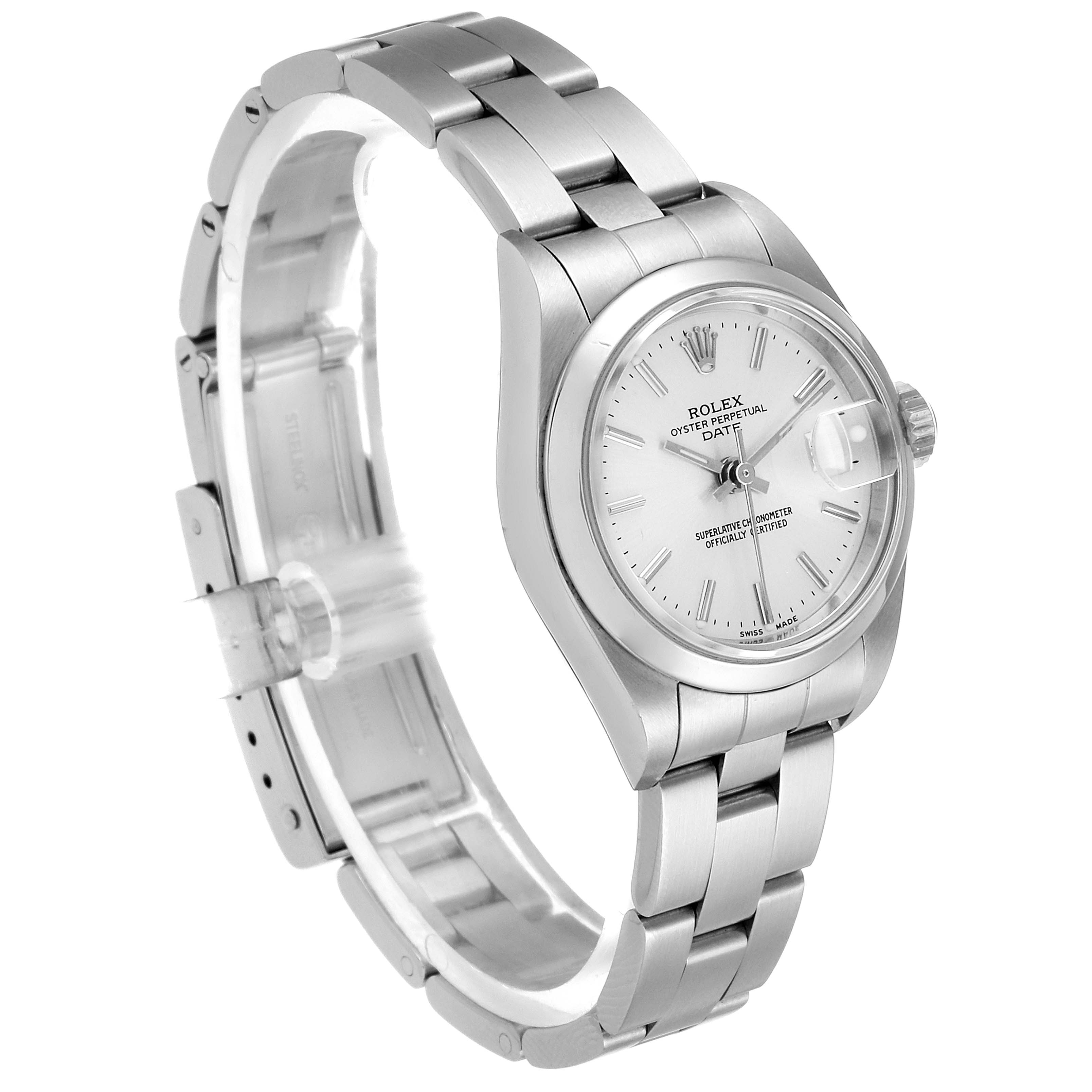 This image shows a Rolex Date 79160 Women's Stainless Steel Silver Dial 79160 Women's Stainless Steel Silver Dial model watch at a three-quarter angle, highlighting its face, bracelet, and clasp.