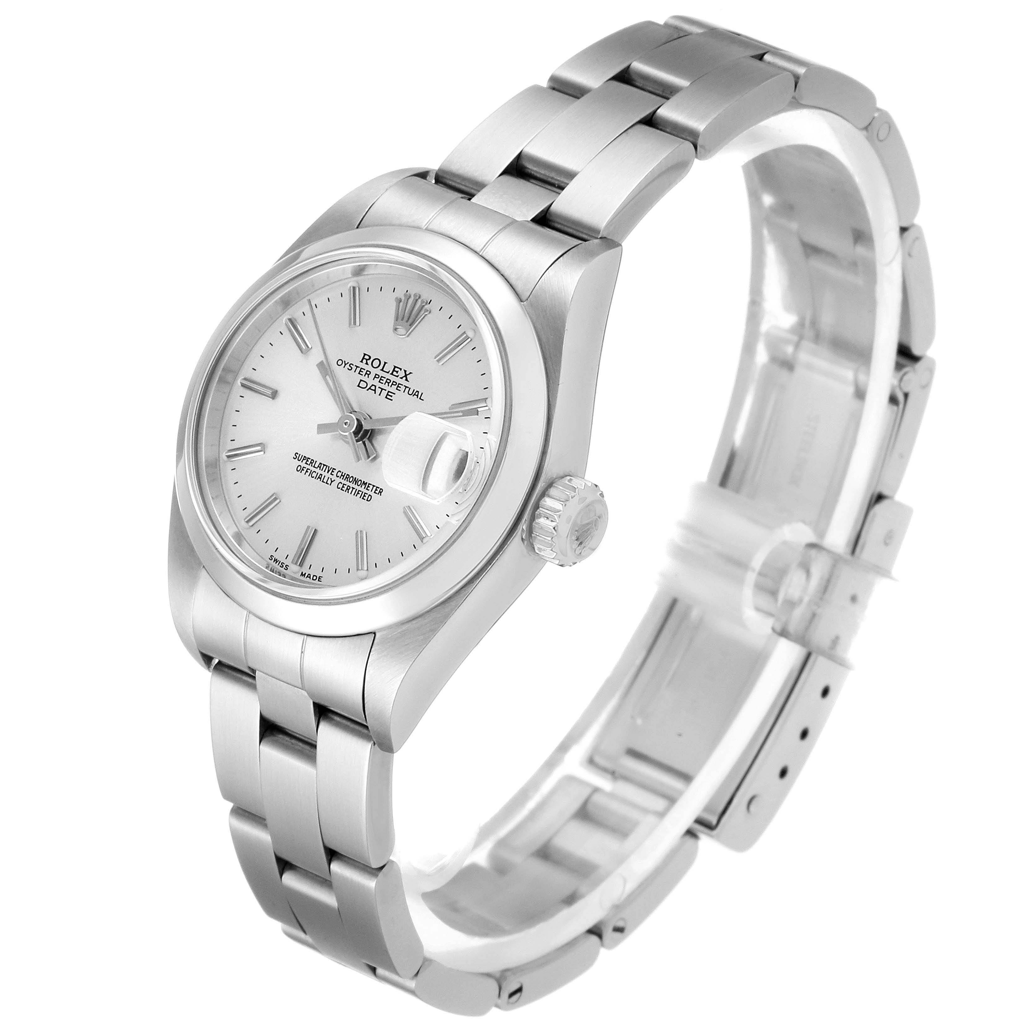 This image shows a Rolex Date 79160 Women's Stainless Steel Silver Dial 79160 Women's Stainless Steel Silver Dial model watch from an angled view, featuring its dial, bezel, crown, and bracelet.