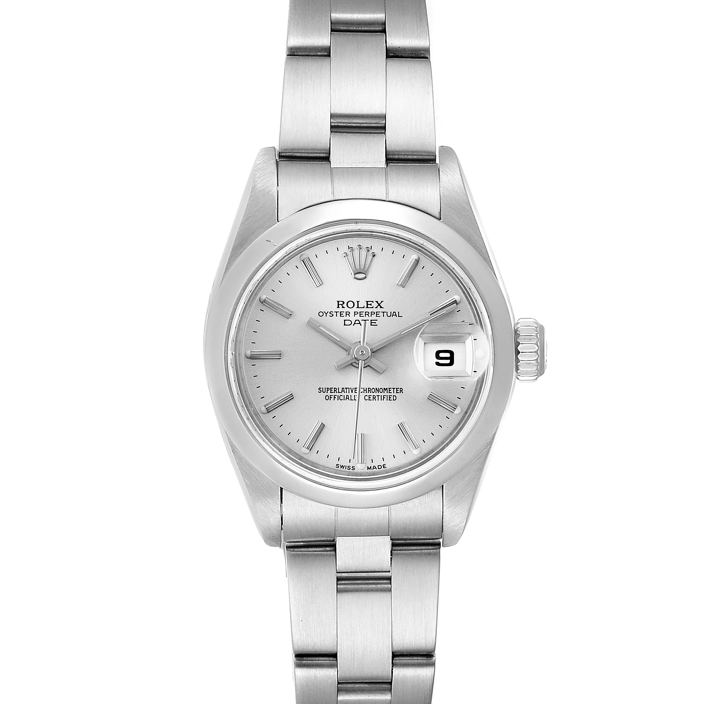 This image shows a front view of the Rolex Date 79160 Women's Stainless Steel Silver Dial 79160 Women's Stainless Steel Silver Dial model, including its dial, bracelet, and date window.
