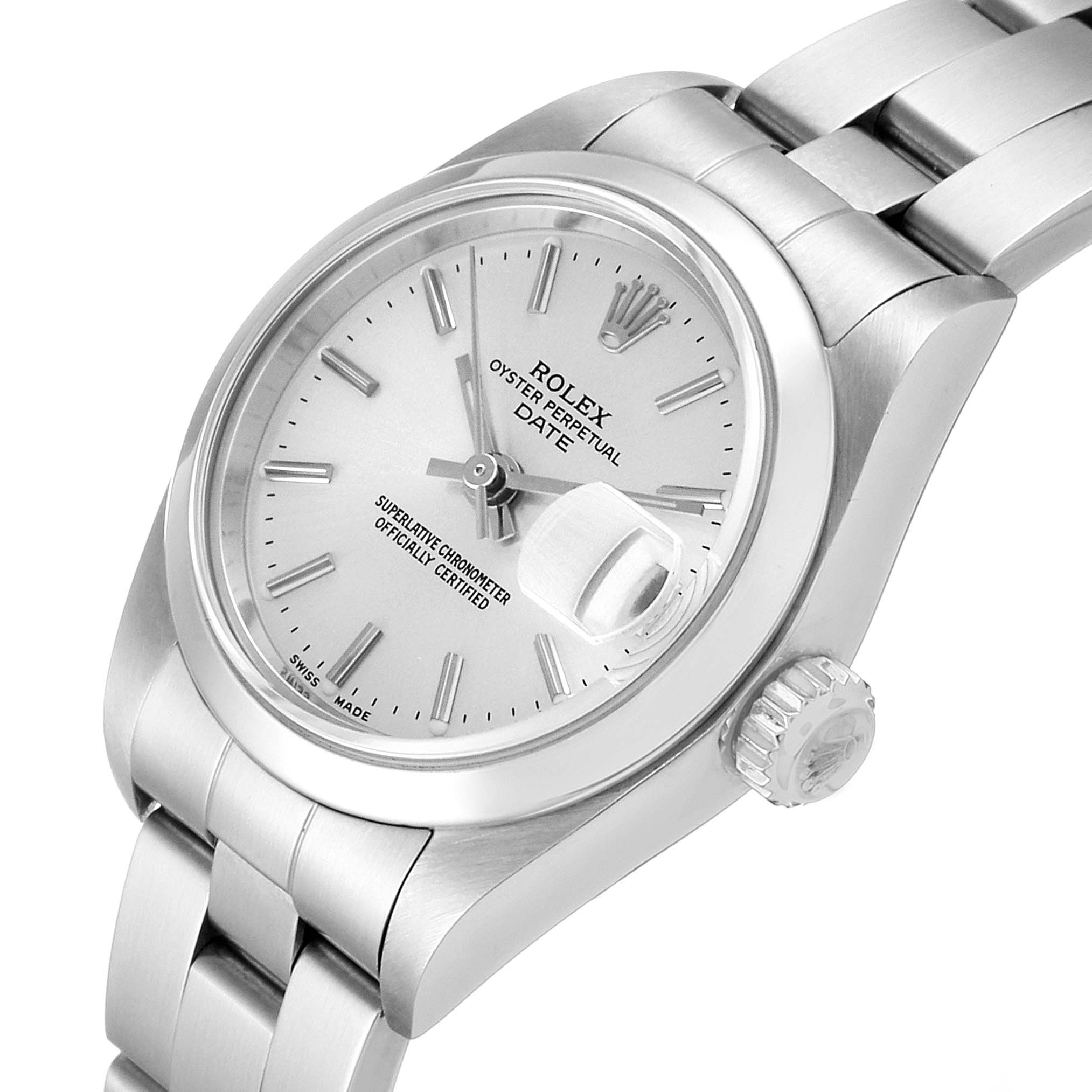 This image shows a Rolex Date 79160 Women's Stainless Steel Silver Dial 79160 Women's Stainless Steel Silver Dial model at a 3/4 angle, displaying its face, dial, bezel, crown, and part of its bracelet.