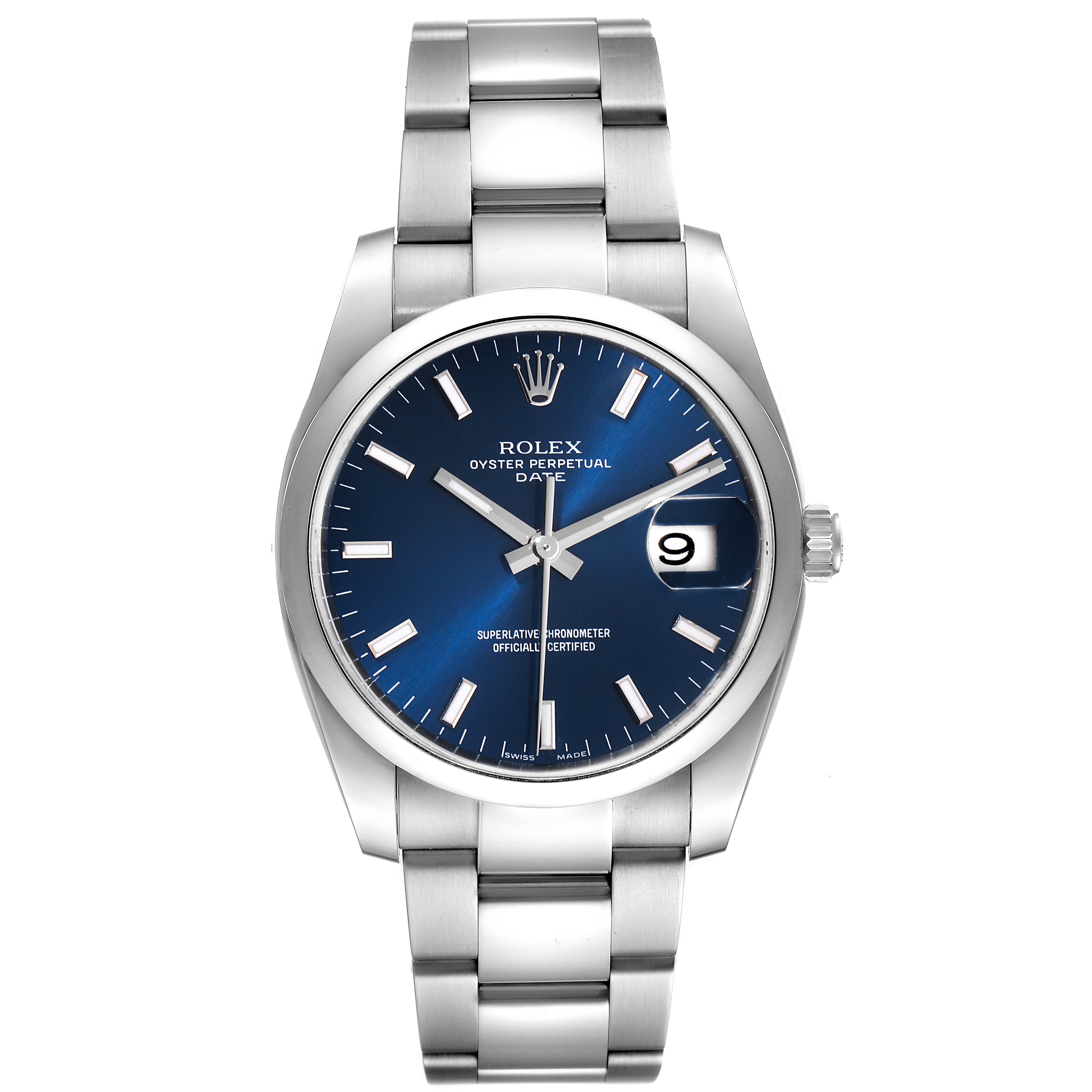 The image shows a front view of a Rolex Date 115200 Men's Stainless Steel Blue Dial 115200 Men's Stainless Steel Blue Dial model watch, featuring its dial, hands, date window, and bracelet.