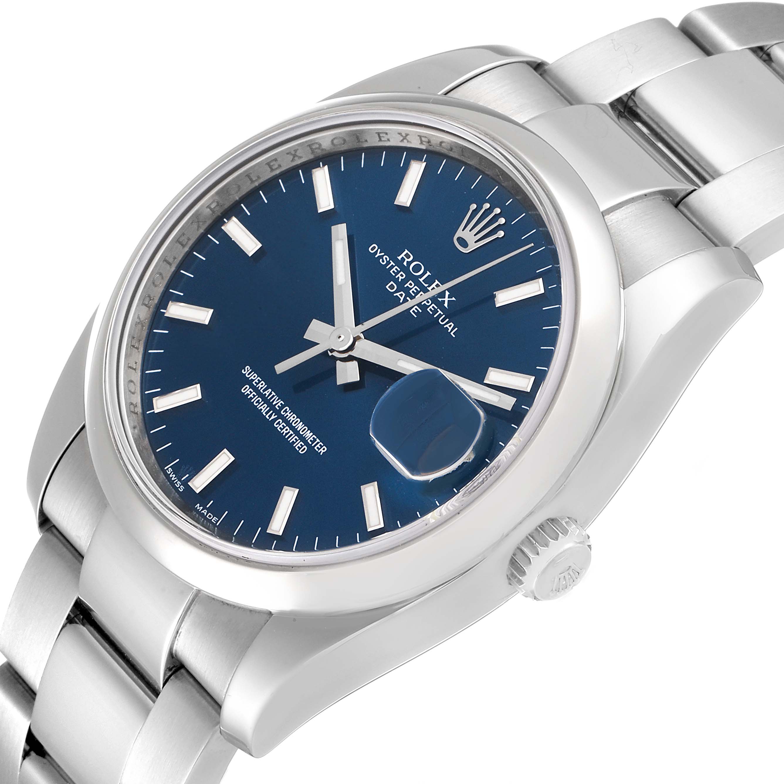 This image shows a close-up of a Rolex Date 115200 Men's Stainless Steel Blue Dial 115200 Men's Stainless Steel Blue Dial watch with a blue dial, viewed from an angle that emphasizes the face and bracelet.