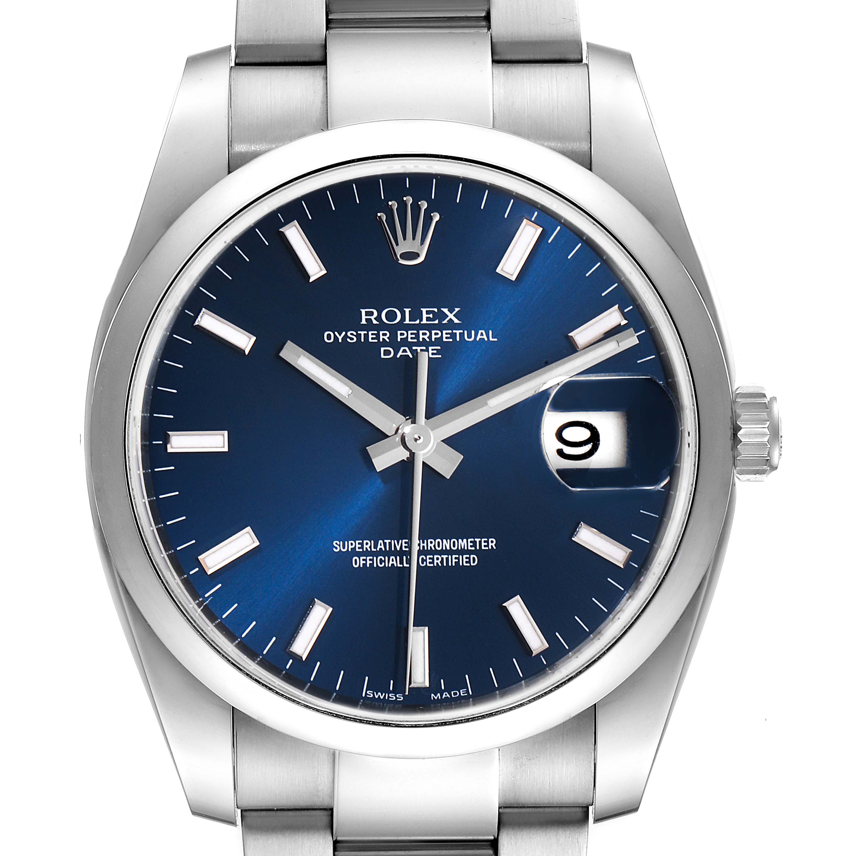 The image shows a front view of a Rolex Date 115200 Men's Stainless Steel Blue Dial 115200 Men's Stainless Steel Blue Dial model watch, displaying its blue dial, date window, and stainless steel bracelet.