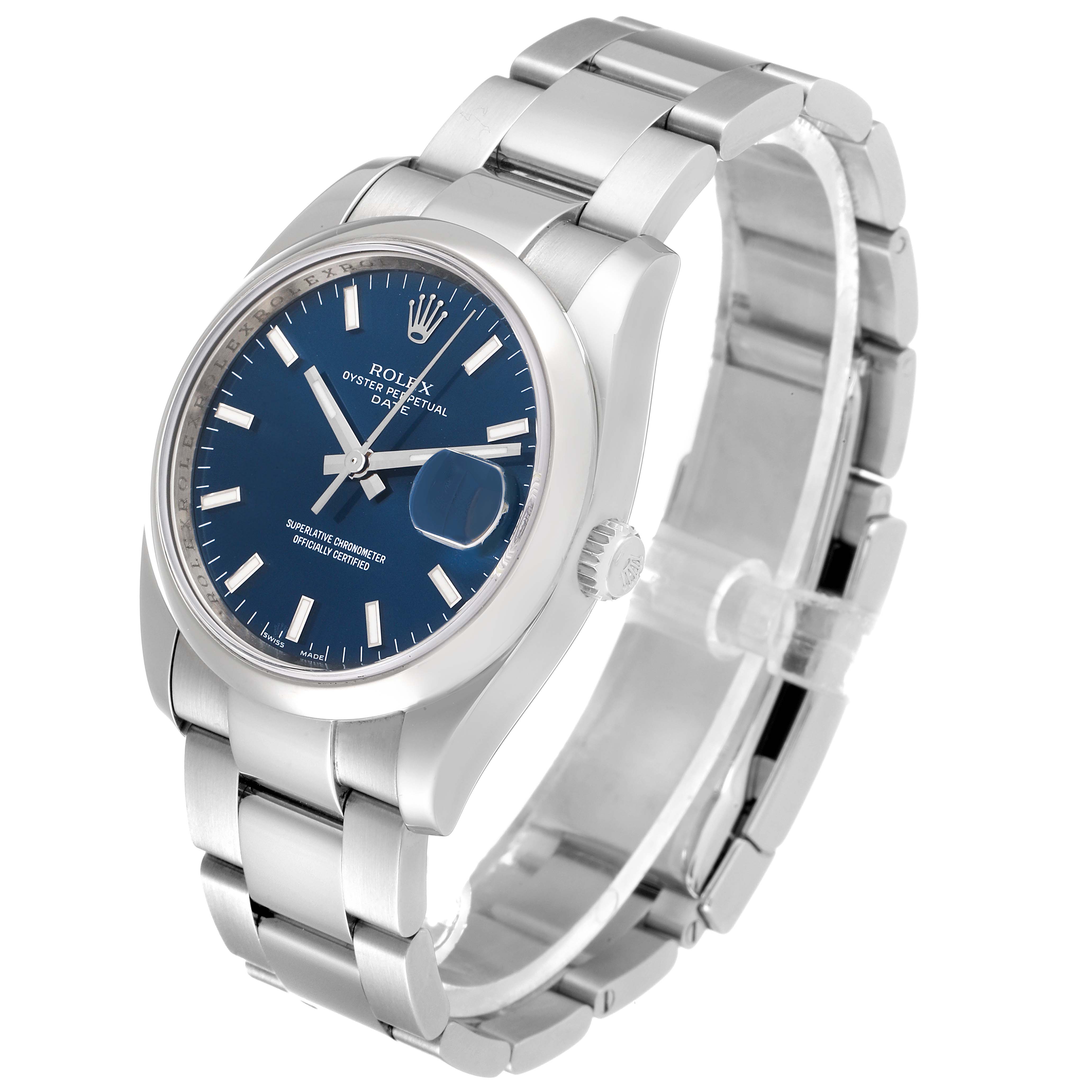 The image shows a Rolex Date 115200 Men's Stainless Steel Blue Dial 115200 Men's Stainless Steel Blue Dial model watch at an angled side view, highlighting its blue dial, metal bracelet, and date magnifier.