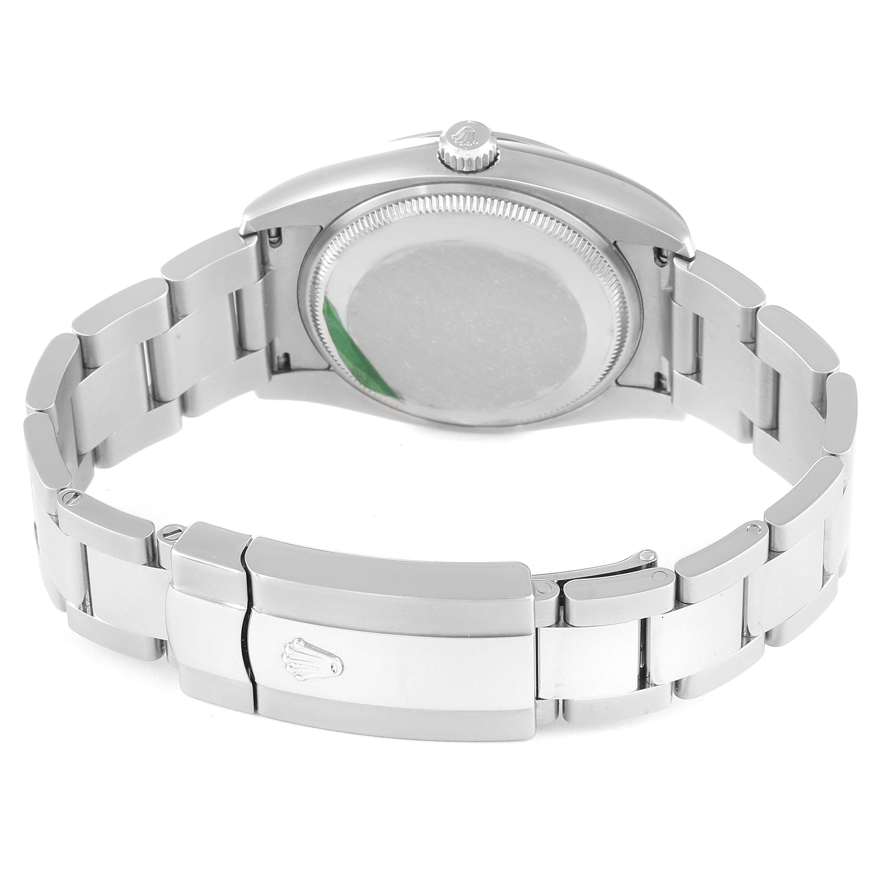 The image shows the back side and clasp of a Rolex Date 115200 Men's Stainless Steel Blue Dial 115200 Men's Stainless Steel Blue Dial model watch, displaying the case back and bracelet.