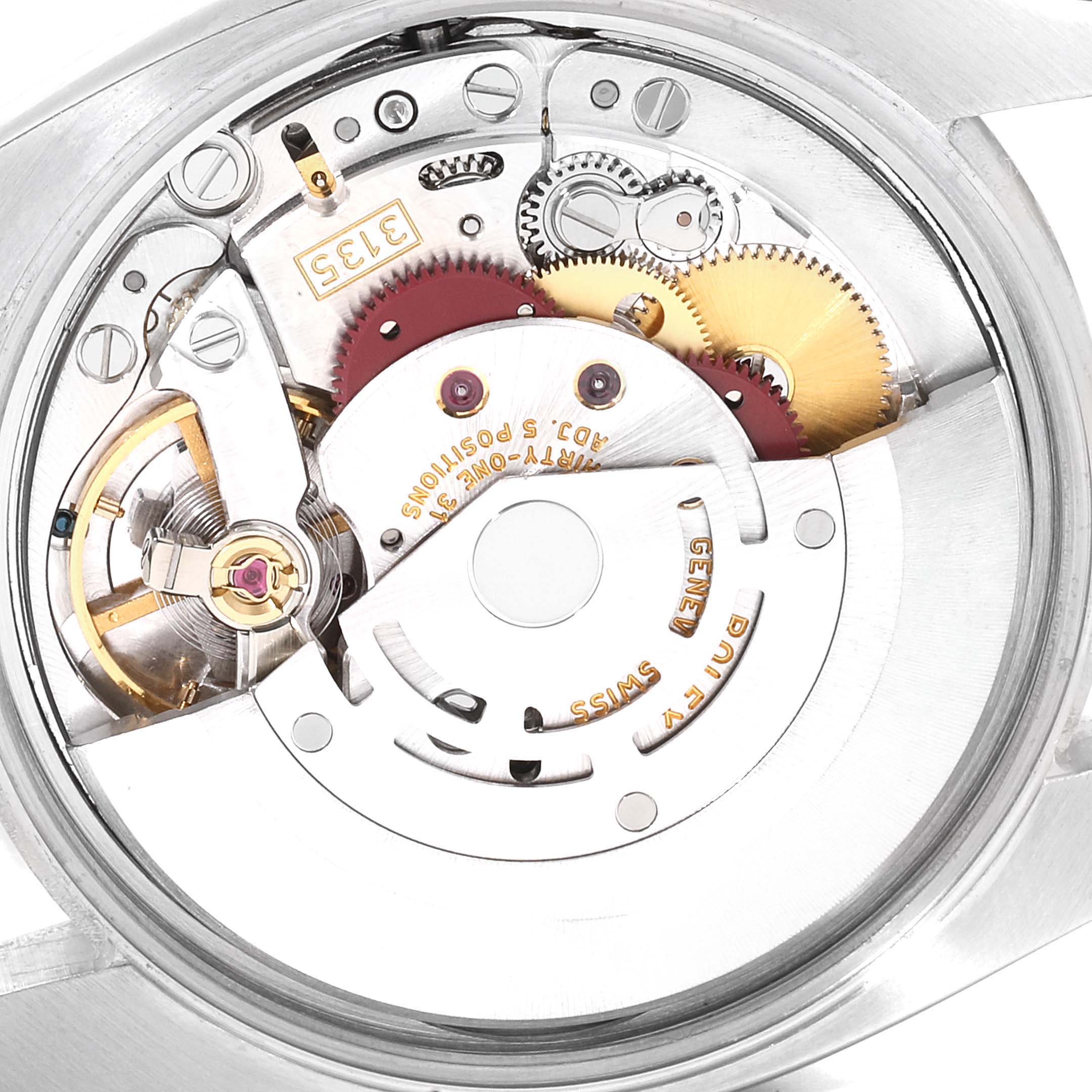 This image shows the inner workings and movement of a Rolex Date 115200 Men's Stainless Steel Blue Dial 115200 Men's Stainless Steel Blue Dial model watch.