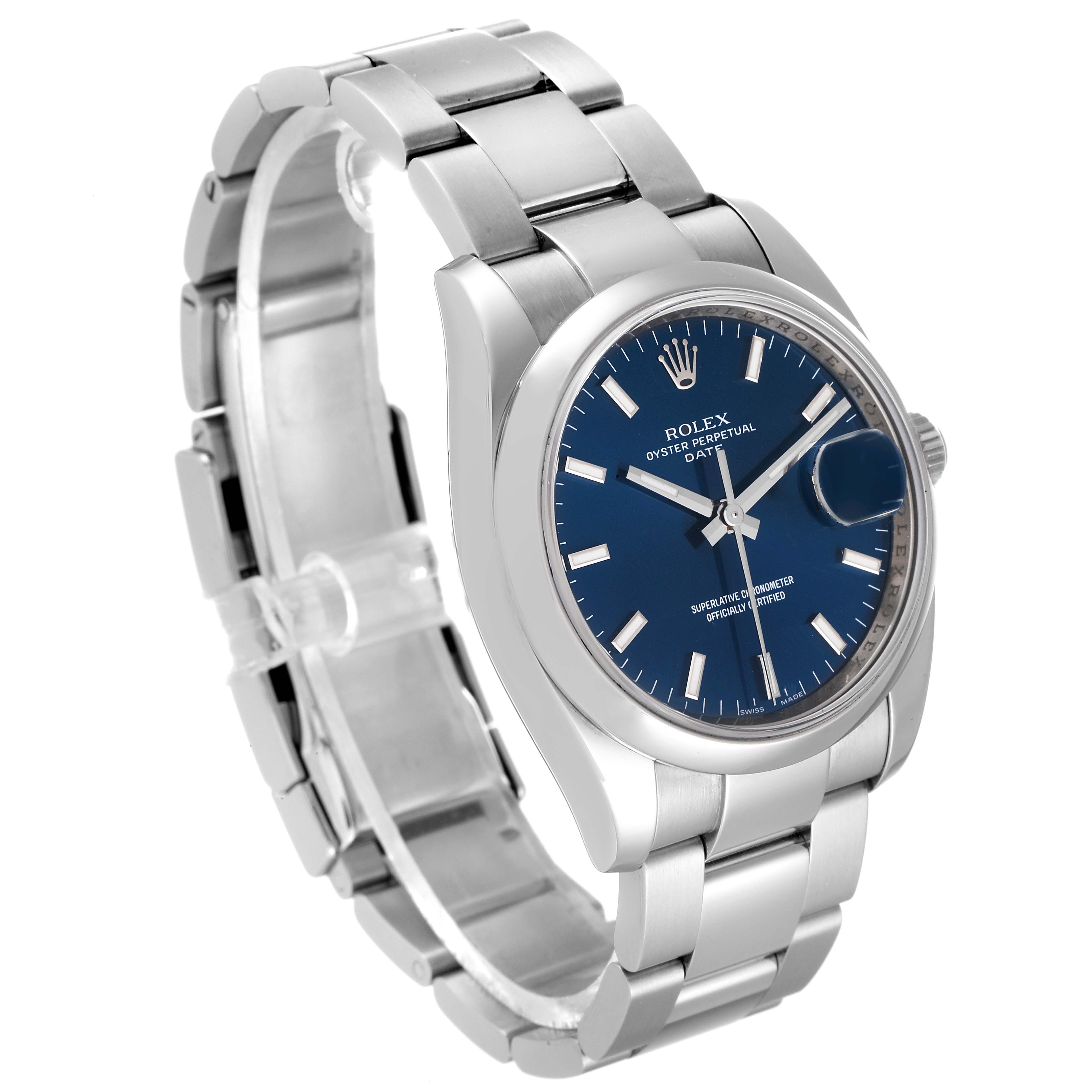 The image shows a Rolex Date 115200 Men's Stainless Steel Blue Dial 115200 Men's Stainless Steel Blue Dial model watch at a three-quarter angle, highlighting the stainless steel bracelet and blue dial.