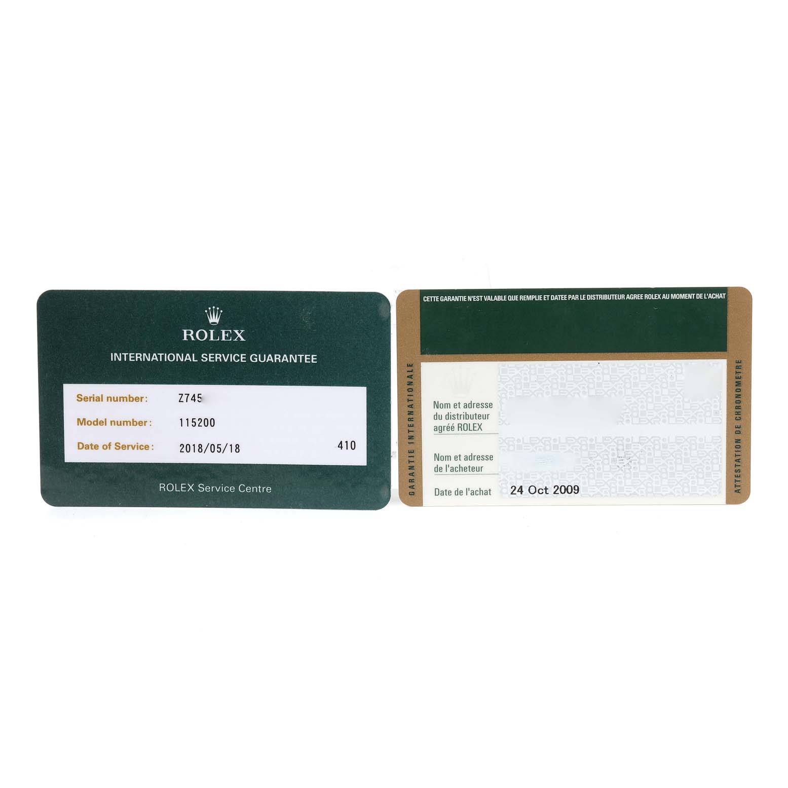 The image shows two service guarantee cards for the Rolex Date 115200 Men's Stainless Steel Blue Dial 115200 Men's Stainless Steel Blue Dial model 115200.
