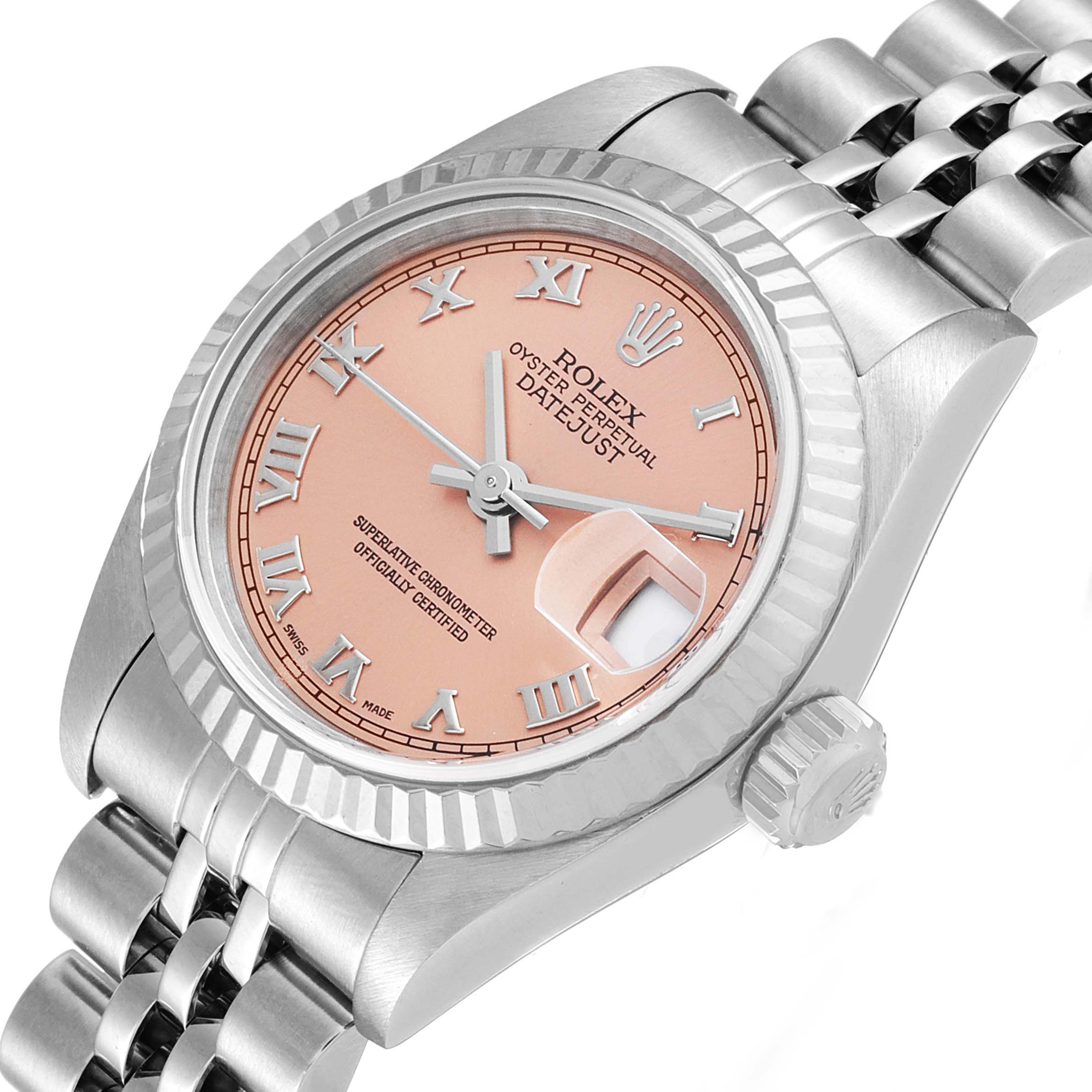 The image shows a close-up angle of a Rolex Datejust 79174 Women's Stainless Steel Pink Dial 79174 Women's Stainless Steel Pink Dial watch, highlighting the face, bezel, and part of the bracelet.