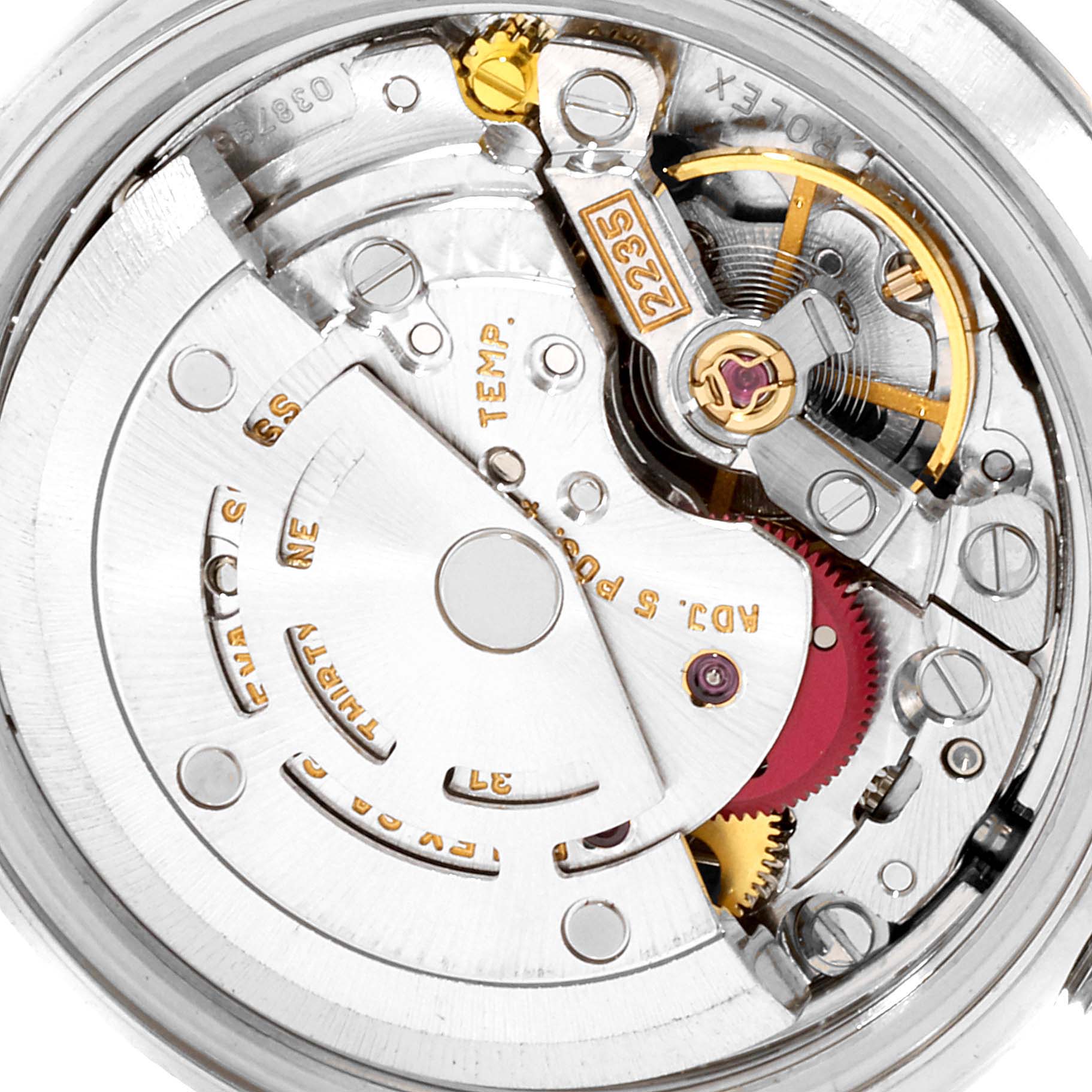 This close-up image shows the inner mechanical movement of a Rolex Datejust 79174 Women's Stainless Steel Pink Dial 79174 Women's Stainless Steel Pink Dial watch.