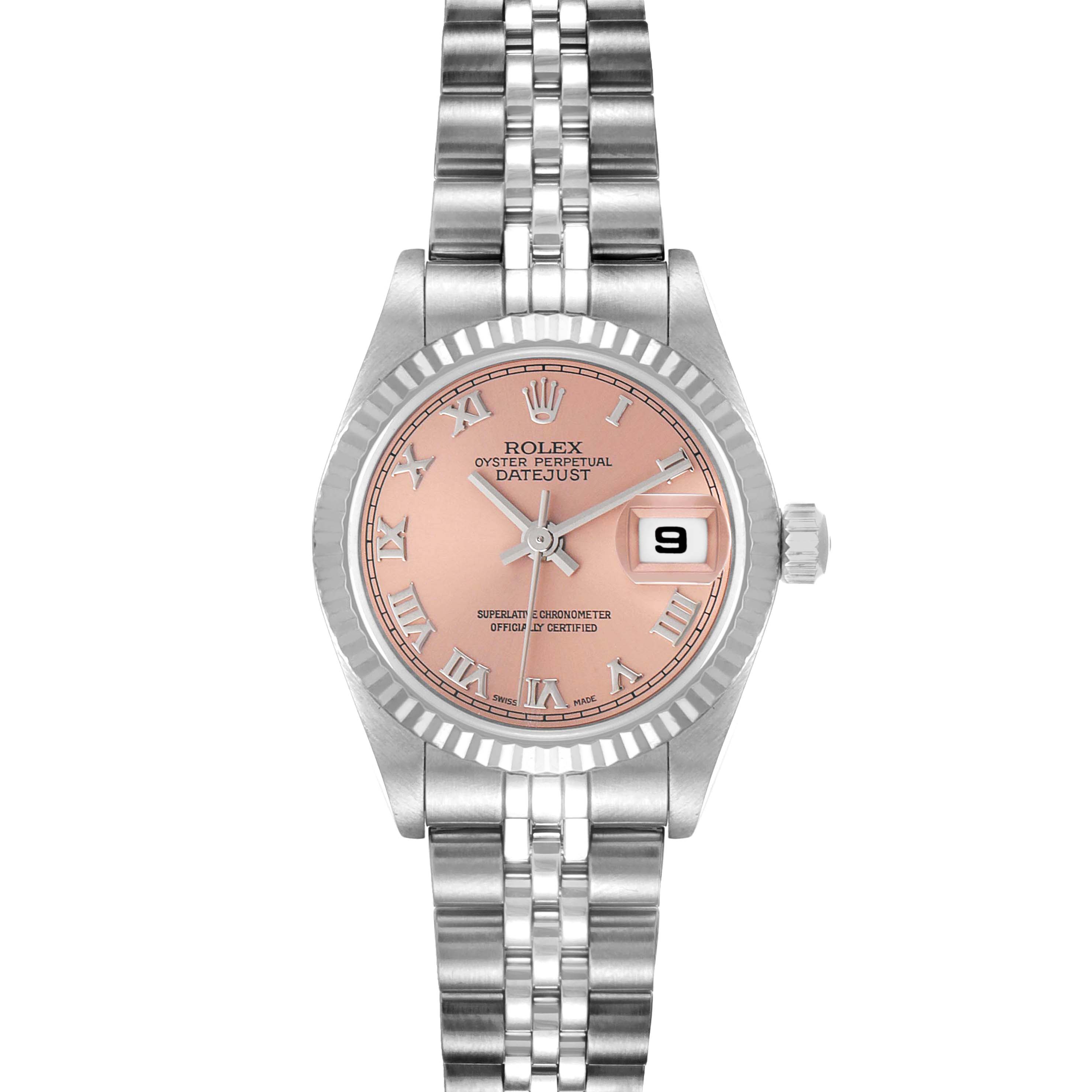 This is a front view of a Rolex Datejust 79174 Women's Stainless Steel Pink Dial 79174 Women's Stainless Steel Pink Dial watch displaying its dial, bezel, bracelet, and crown.
