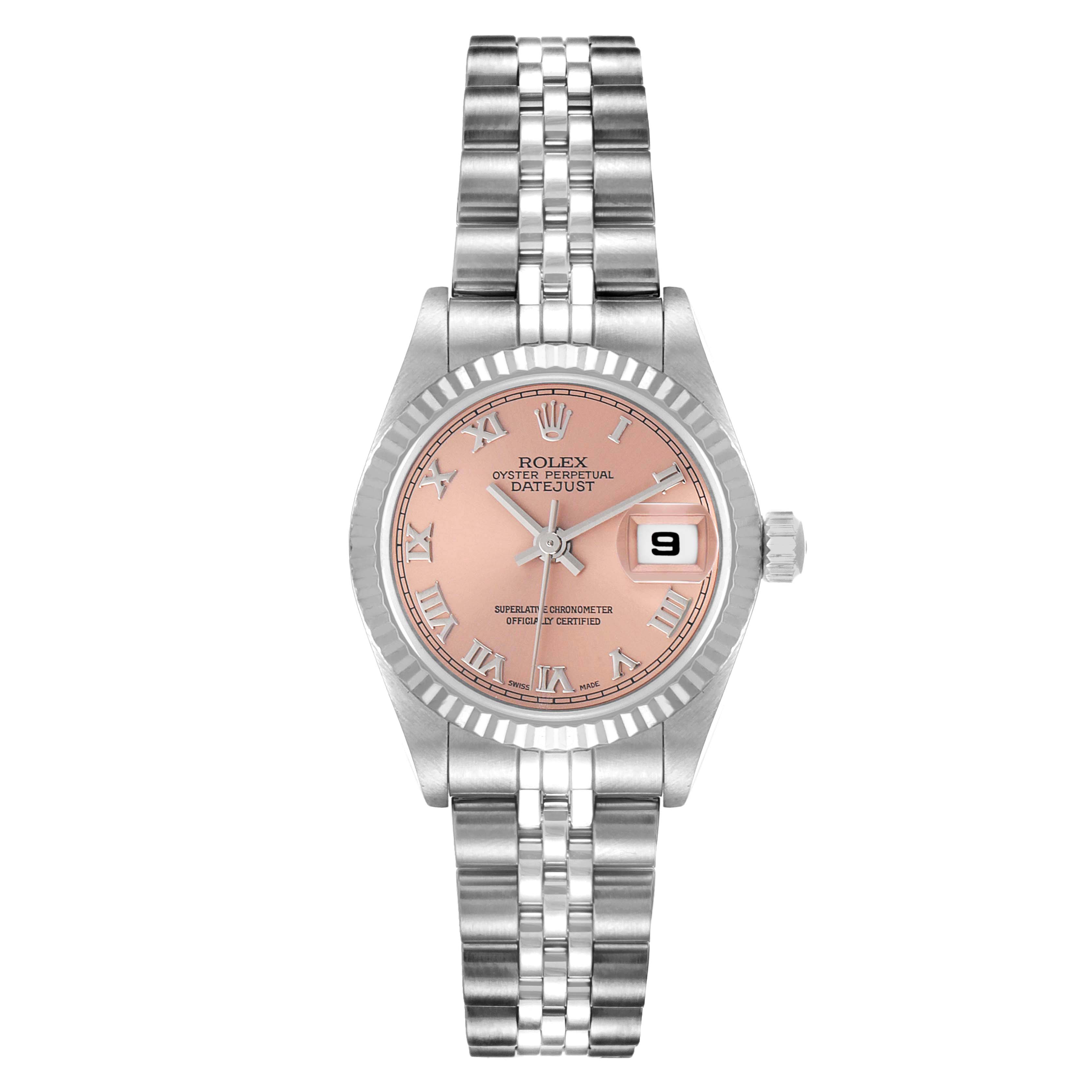 The image shows the Rolex Datejust 79174 Women's Stainless Steel Pink Dial 79174 Women's Stainless Steel Pink Dial watch from a front angle, displaying its pink dial, jubilee bracelet, and date window.