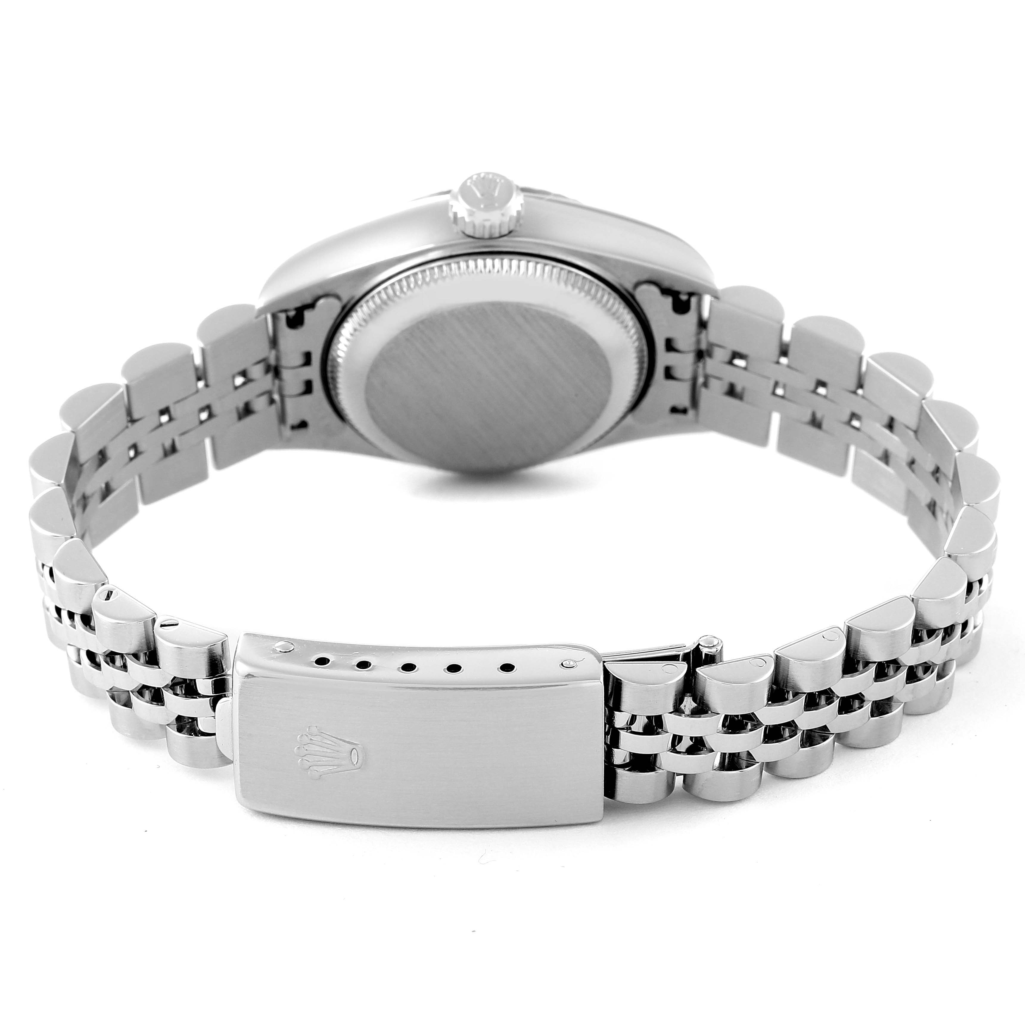 This image shows the back of the Rolex Datejust 79174 Women's Stainless Steel Silver Dial 79174 Women's Stainless Steel Silver Dial watch, including the case back, crown, and bracelet with the clasp.