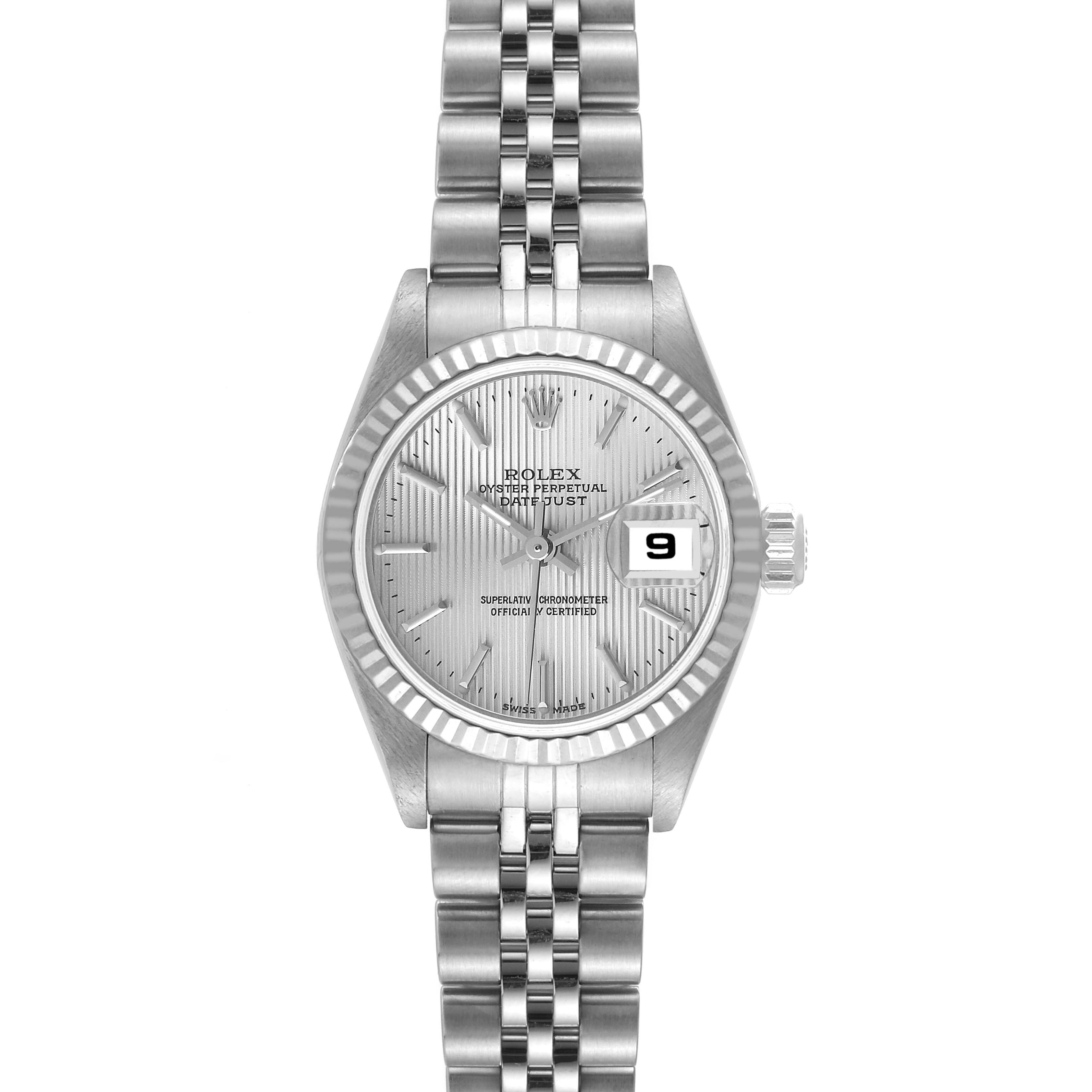 The image shows a front view of the Rolex Datejust 79174 Women's Stainless Steel Silver Dial 79174 Women's Stainless Steel Silver Dial, highlighting the dial, fluted bezel, date window, and Jubilee bracelet.