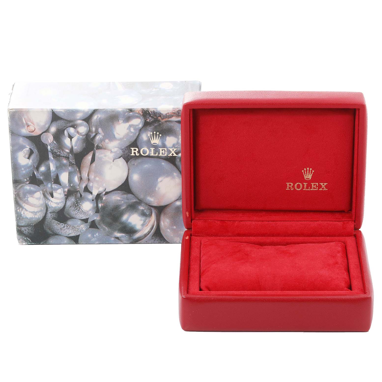 The image shows a red Rolex Datejust 79174 Women's Stainless Steel Silver Dial 79174 Women's Stainless Steel Silver Dial watch box with an open lid and an outer box featuring a silver pearl design.