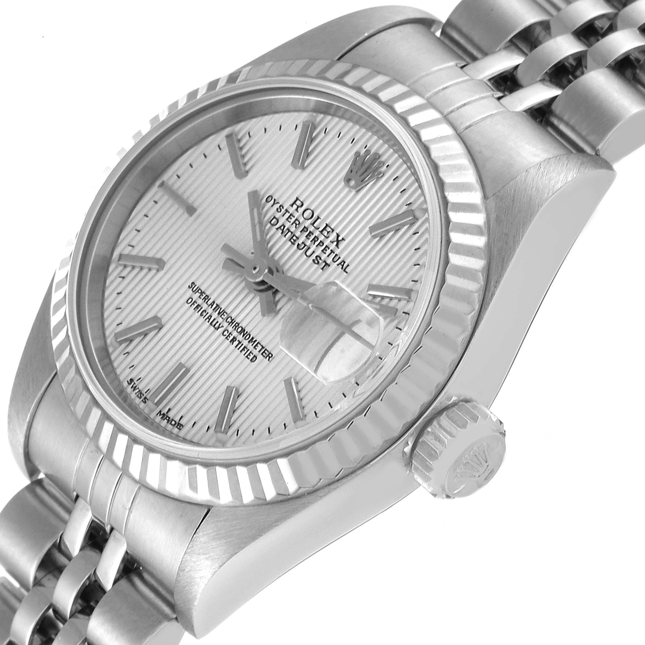 This image shows a close-up, angled view of the Rolex Datejust 79174 Women's Stainless Steel Silver Dial 79174 Women's Stainless Steel Silver Dial watch, highlighting its dial, bezel, and bracelet.
