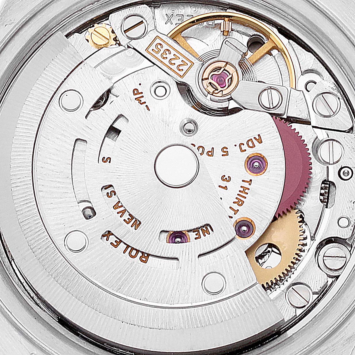 This image shows the internal movement mechanism of a Rolex Datejust 79174 Women's Stainless Steel Silver Dial 79174 Women's Stainless Steel Silver Dial watch from a top-down angle.