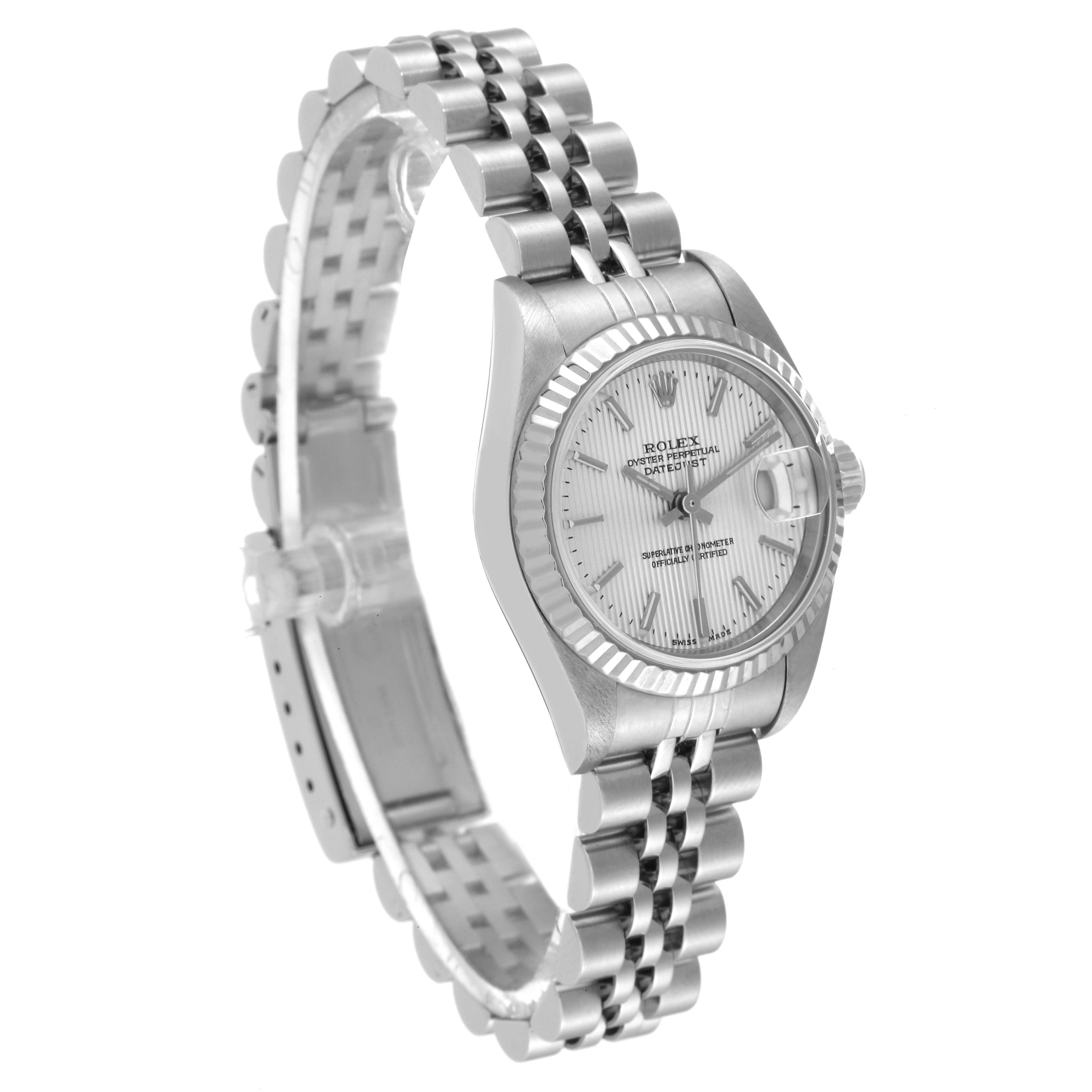 The image shows a Rolex Datejust 79174 Women's Stainless Steel Silver Dial 79174 Women's Stainless Steel Silver Dial watch at a three-quarter angle, displaying the face, bezel, and bracelet.