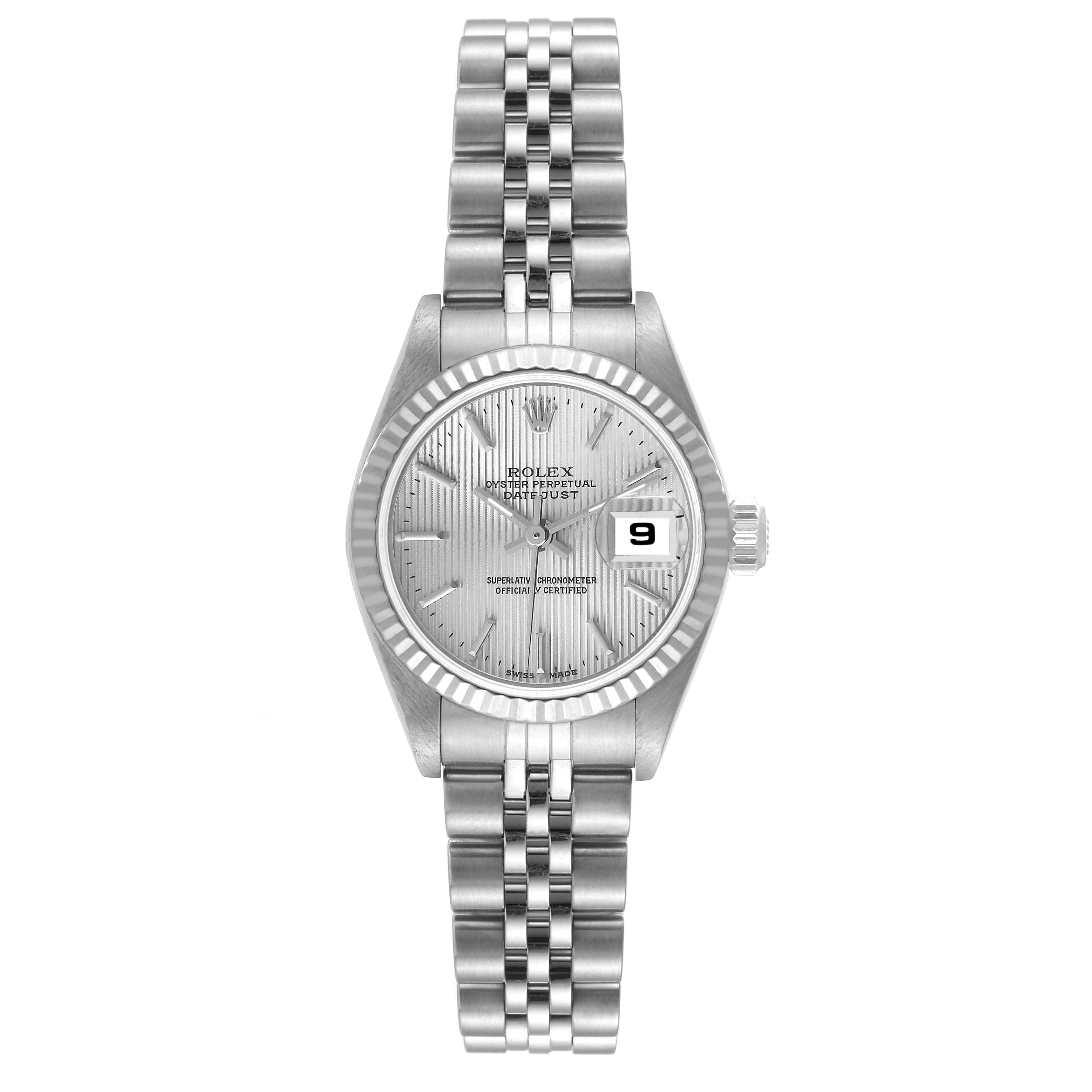 This image shows a front view of a Rolex Datejust 79174 Women's Stainless Steel Silver Dial 79174 Women's Stainless Steel Silver Dial watch, featuring its silver dial, fluted bezel, and Jubilee bracelet.