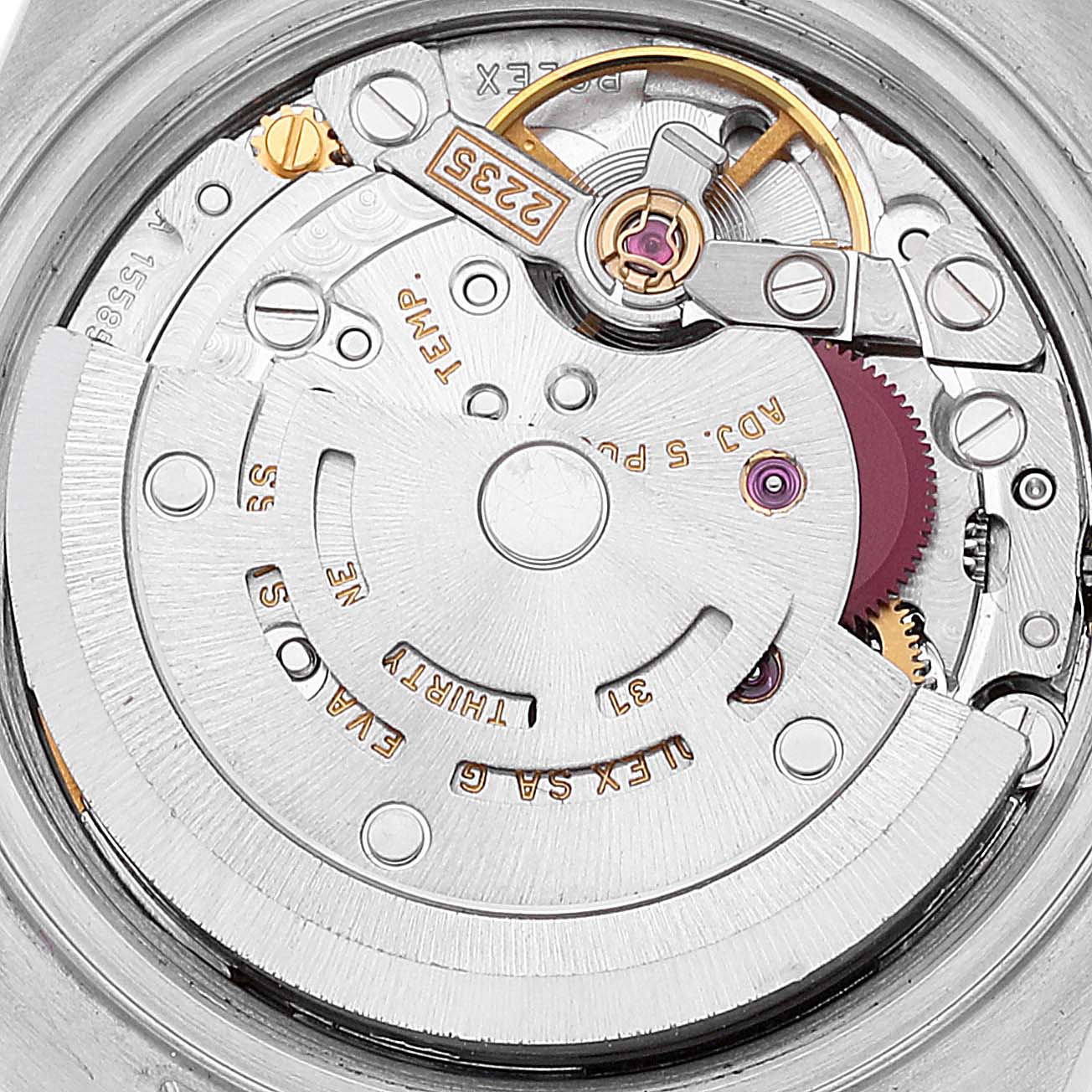 The image shows an up-close view of the movement mechanism inside a Rolex Datejust 79174 Women's Stainless Steel Mother of Pearl Dial 79174 Women's Stainless Steel Mother of Pearl Dial watch.