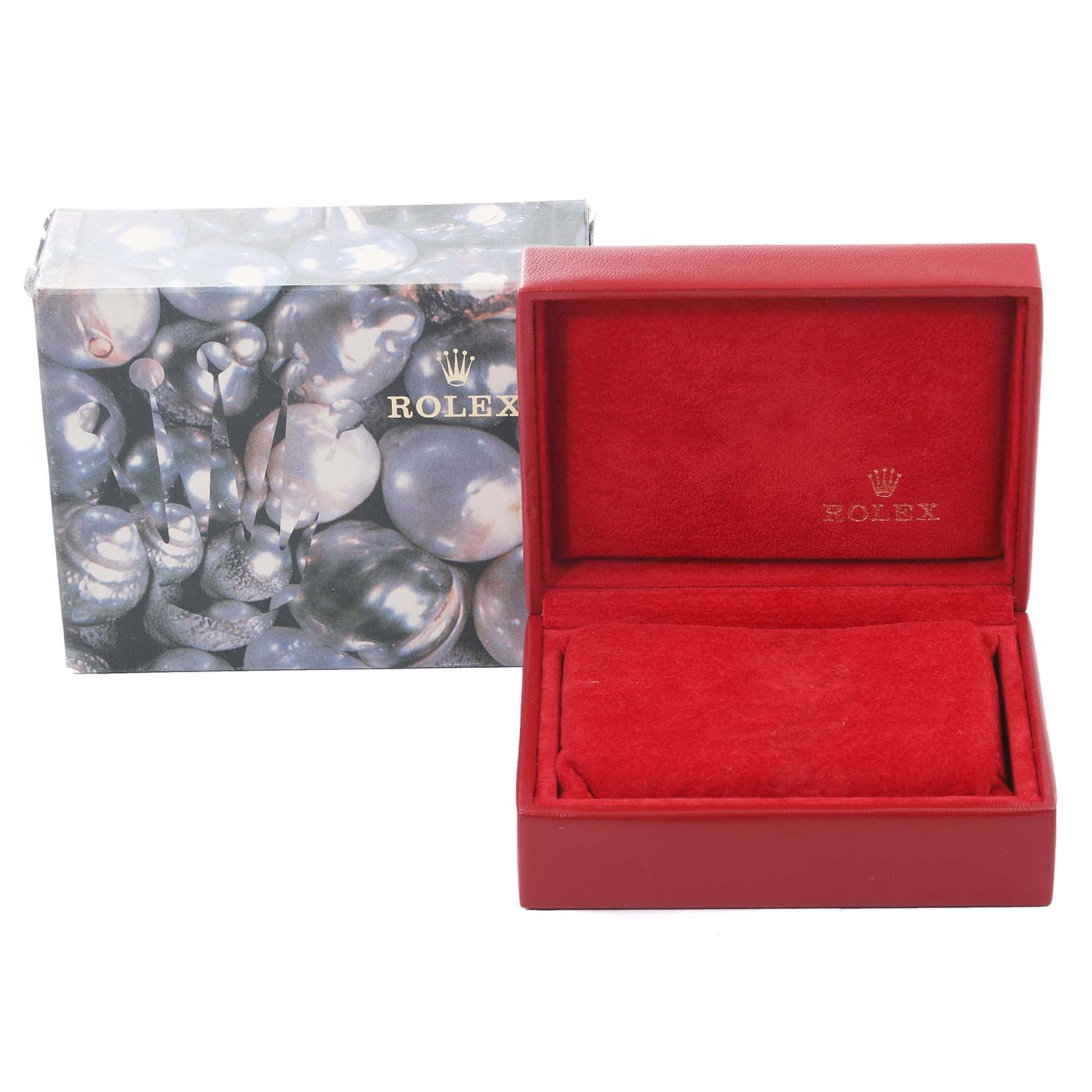 The image shows a Rolex Datejust 79174 Women's Stainless Steel Mother of Pearl Dial 79174 Women's Stainless Steel Mother of Pearl Dial watch box and its packaging, with the box open to reveal the interior.