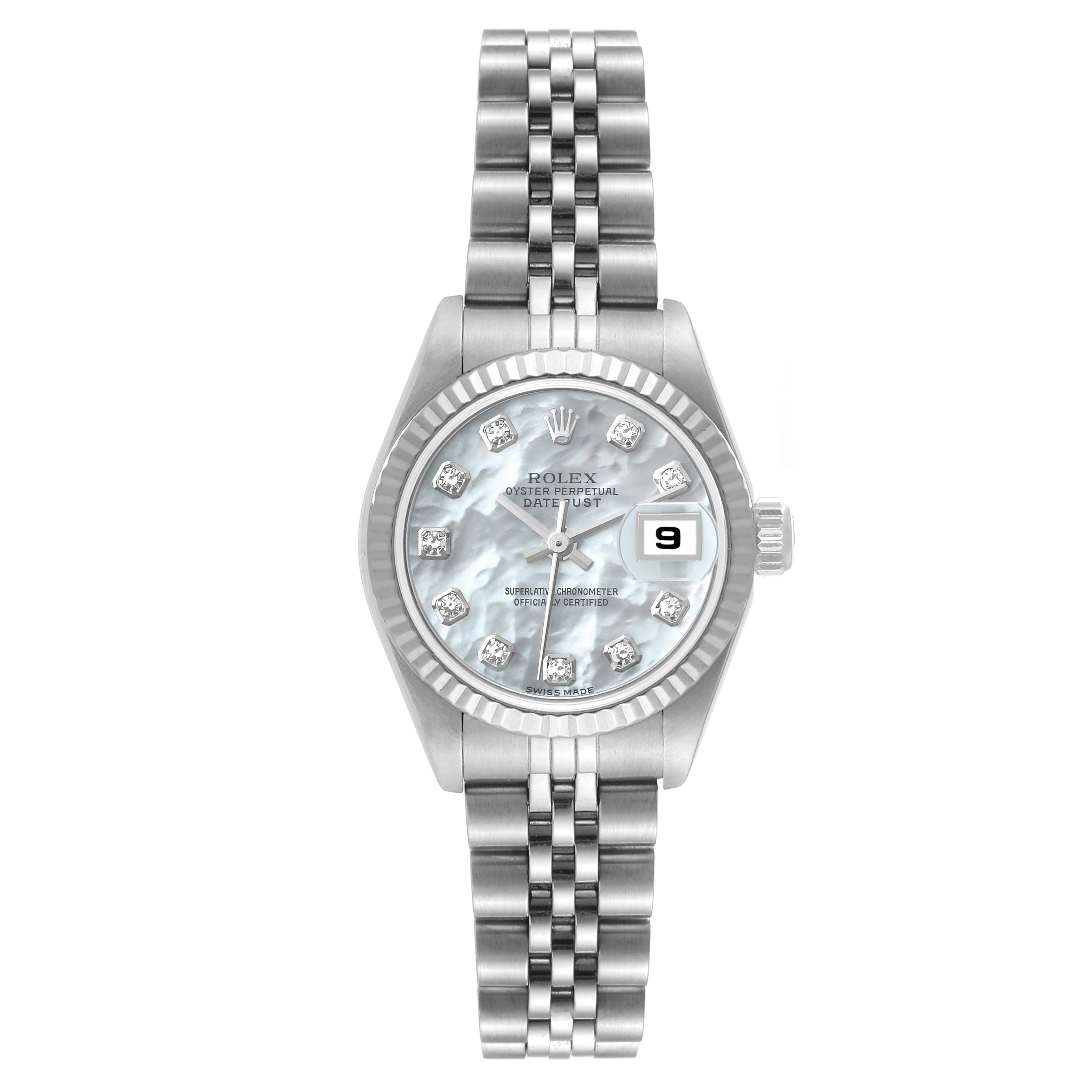 The image shows a front view of a Rolex Datejust 79174 Women's Stainless Steel Mother of Pearl Dial 79174 Women's Stainless Steel Mother of Pearl Dial watch, highlighting its dial, bezel, bracelet, and date window.