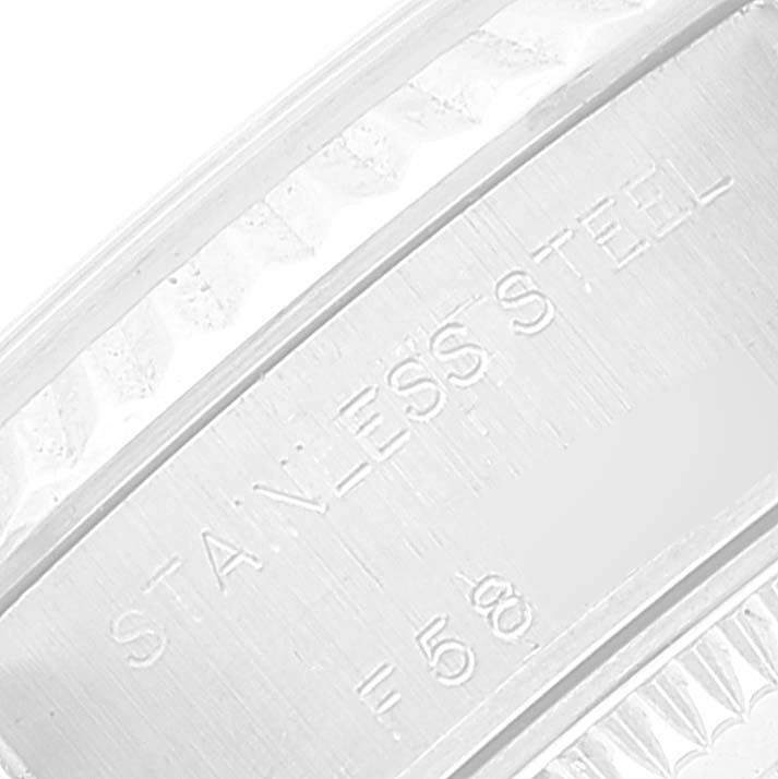 This close-up image shows the inner clasp with "STAINLESS STEEL" engraving on a Rolex Datejust 79174 Women's Stainless Steel Mother of Pearl Dial 79174 Women's Stainless Steel Mother of Pearl Dial watch.