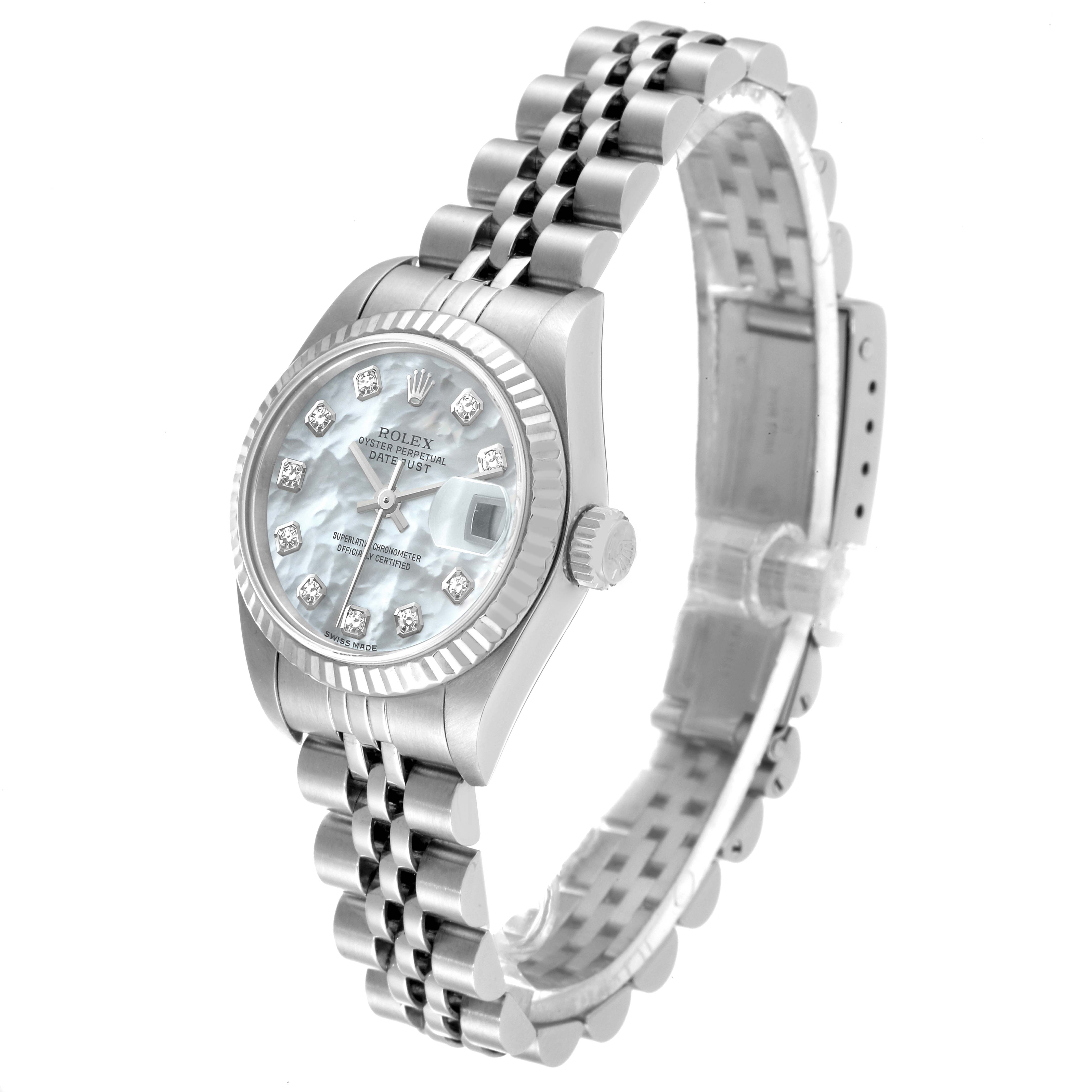 The image shows a side-angle view of a Rolex Datejust 79174 Women's Stainless Steel Mother of Pearl Dial 79174 Women's Stainless Steel Mother of Pearl Dial watch, highlighting the face, crown, and bracelet.