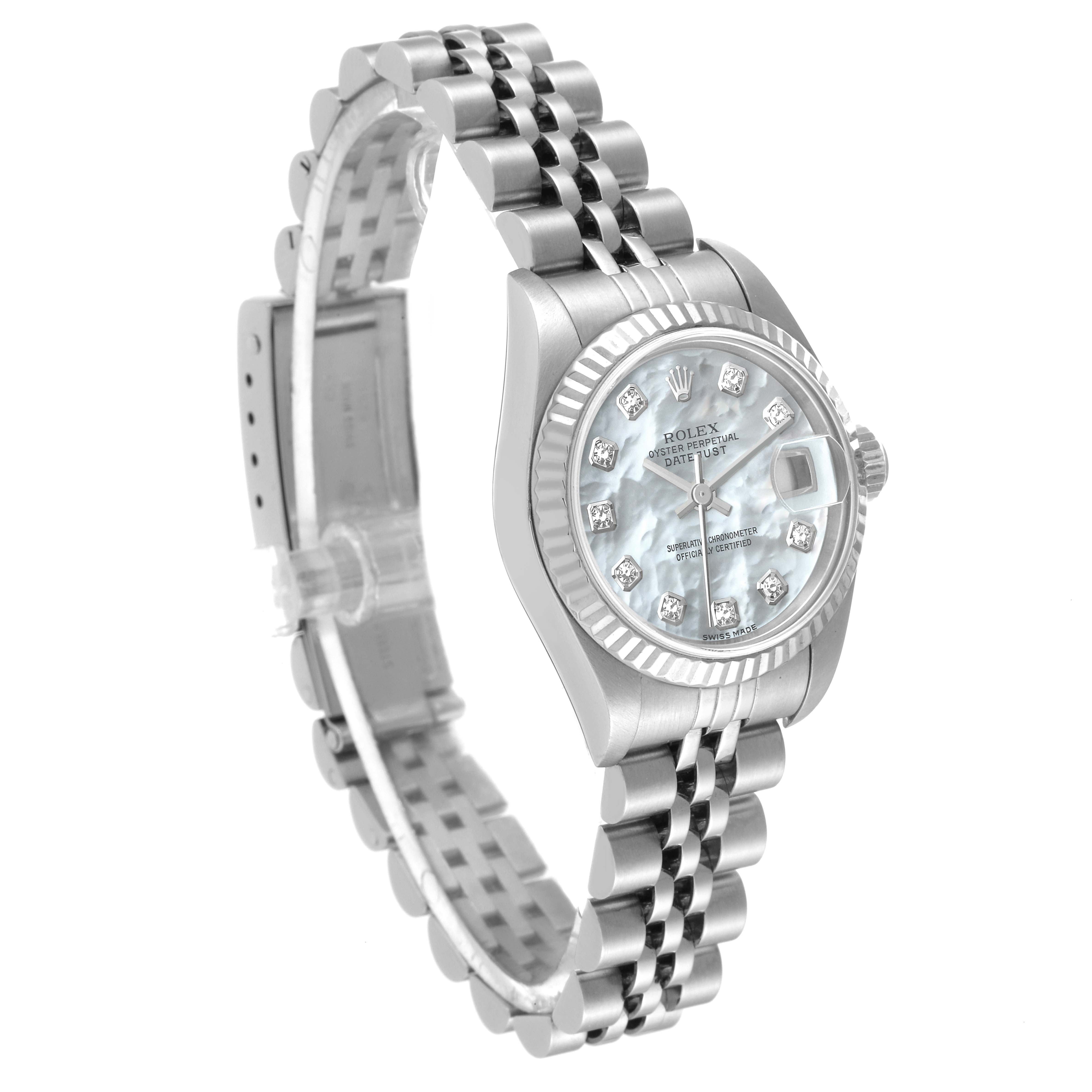 The image shows a Rolex Datejust 79174 Women's Stainless Steel Mother of Pearl Dial 79174 Women's Stainless Steel Mother of Pearl Dial watch from a three-quarter angle highlighting the dial, bracelet, and clasp.