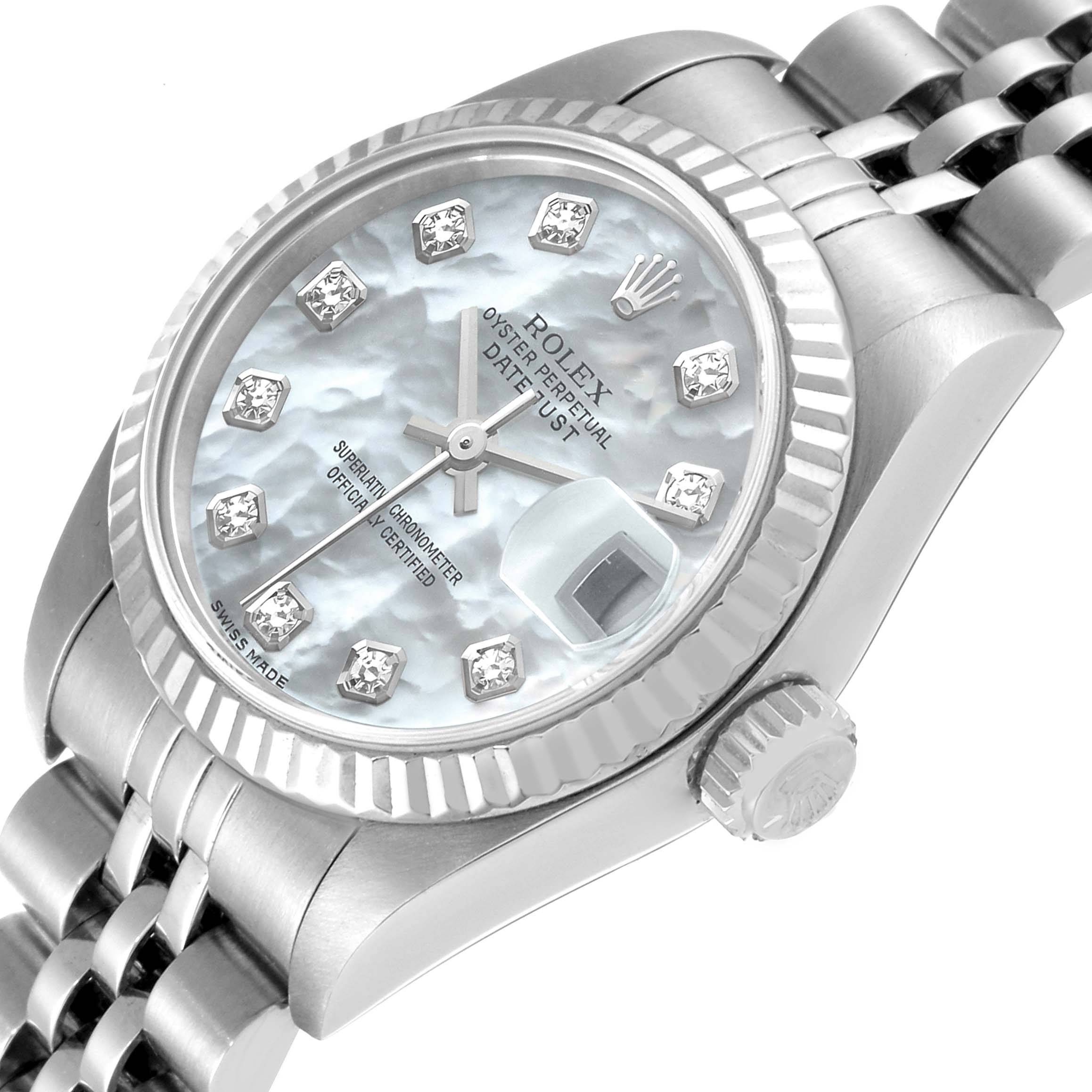 The image shows a close-up view of the dial, bezel, and part of the bracelet of a Rolex Datejust 79174 Women's Stainless Steel Mother of Pearl Dial 79174 Women's Stainless Steel Mother of Pearl Dial watch.