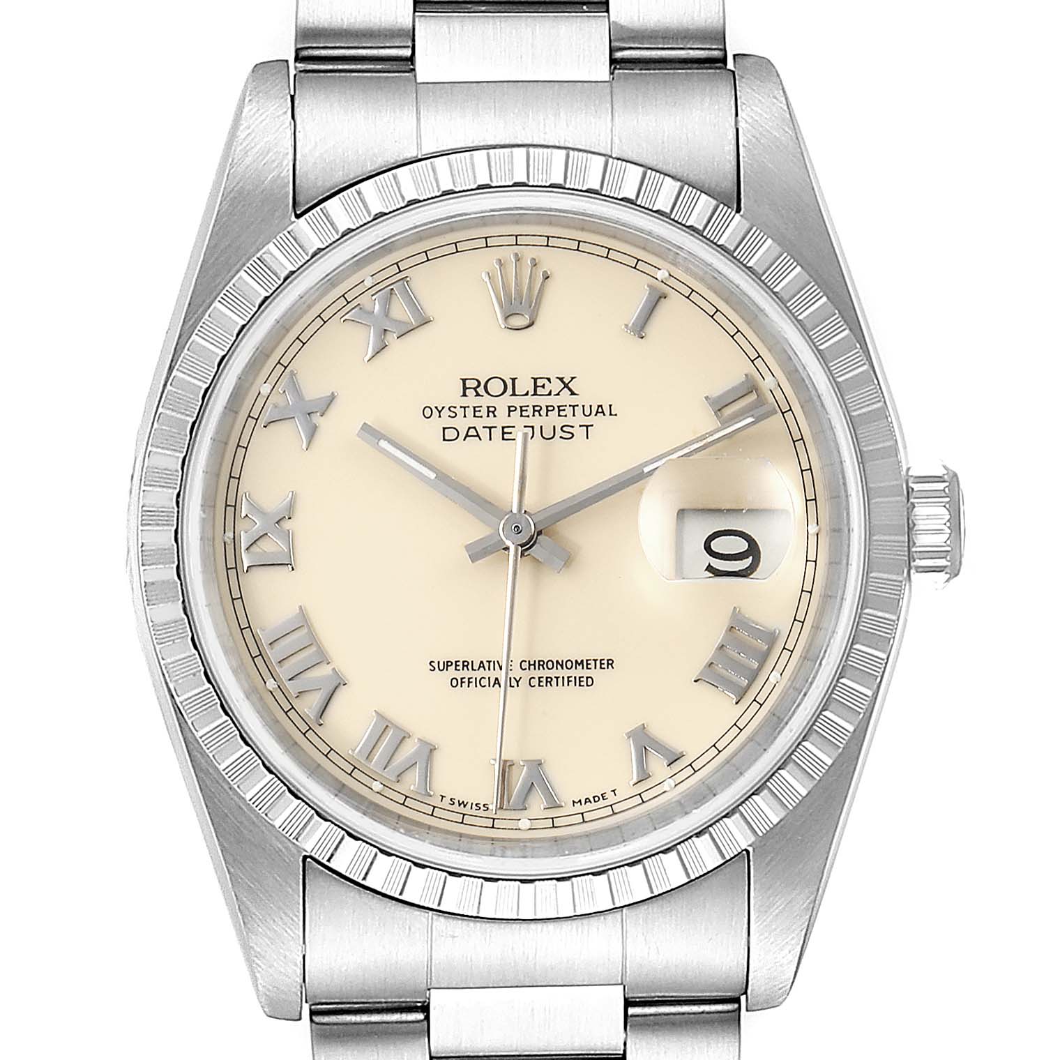 This is a close-up of the dial and bezel of a Rolex Datejust 16220 Men's Stainless Steel Beige Dial 16220 Men's Stainless Steel Beige Dial watch, showing the time, date, and Roman numeral markers.