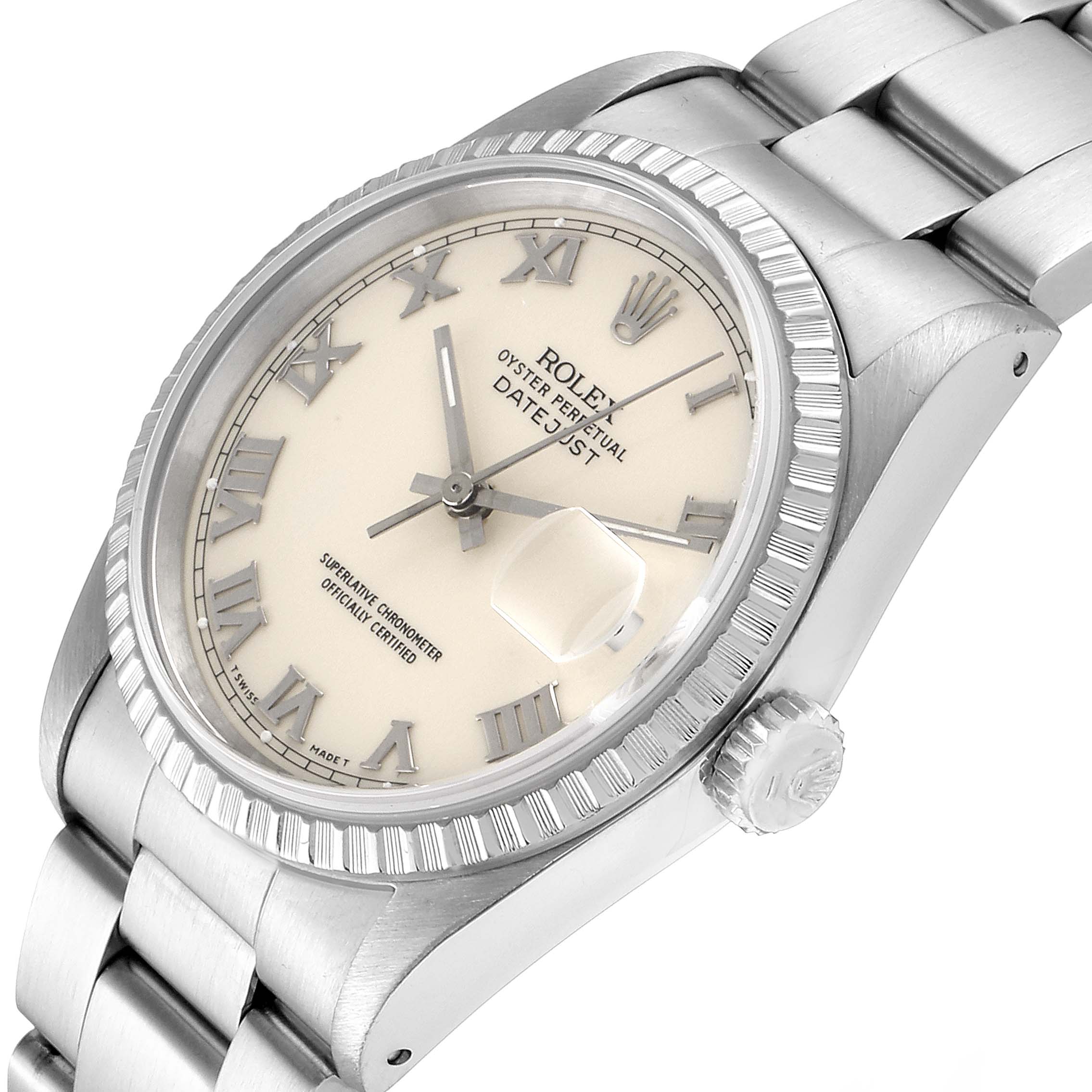 This image shows a Rolex Datejust 16220 Men's Stainless Steel Beige Dial 16220 Men's Stainless Steel Beige Dial watch at an angled view, highlighting the dial, bezel, crown, and part of the bracelet.
