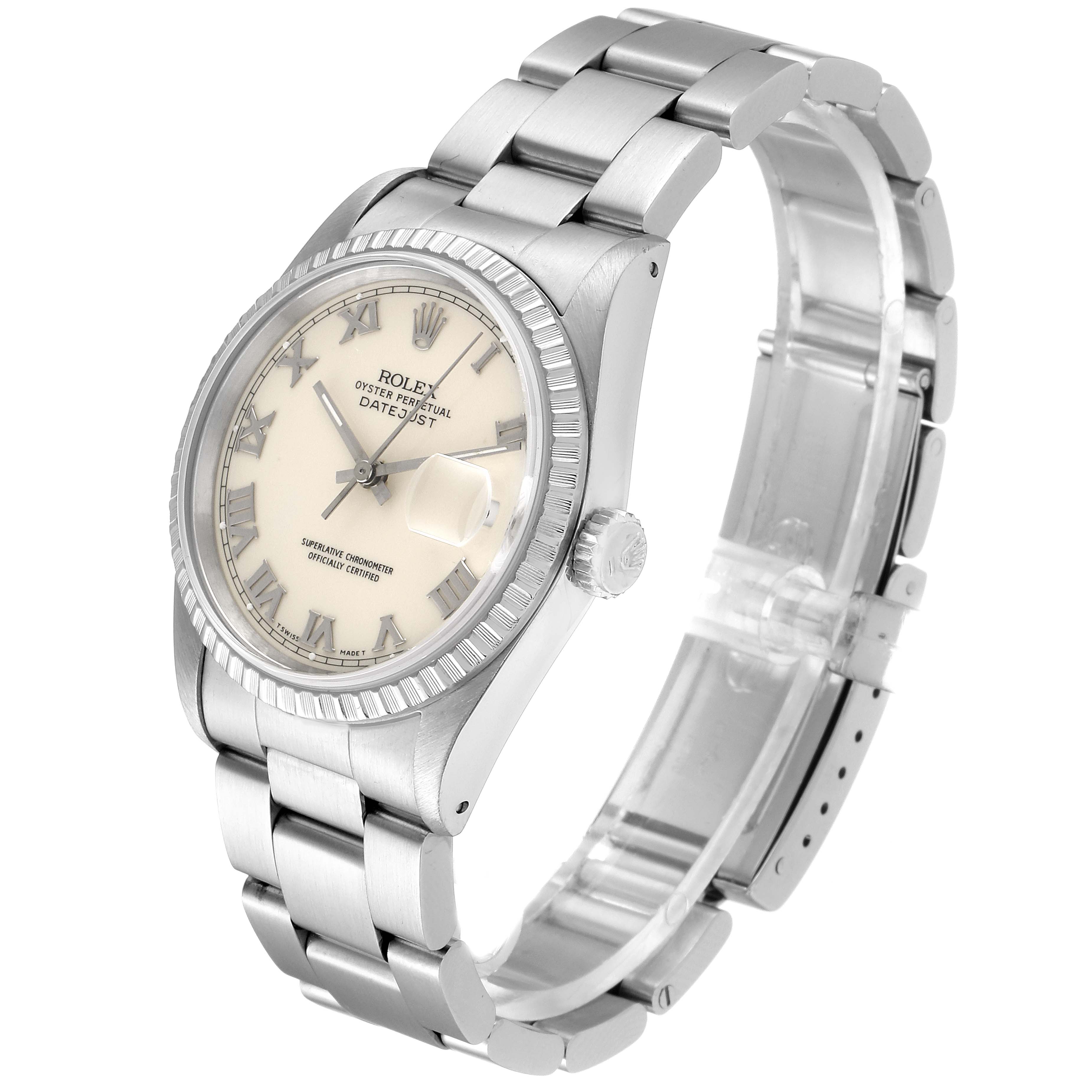 The image shows a side angle of a Rolex Datejust 16220 Men's Stainless Steel Beige Dial 16220 Men's Stainless Steel Beige Dial watch, highlighting its dial, case, crown, and bracelet.