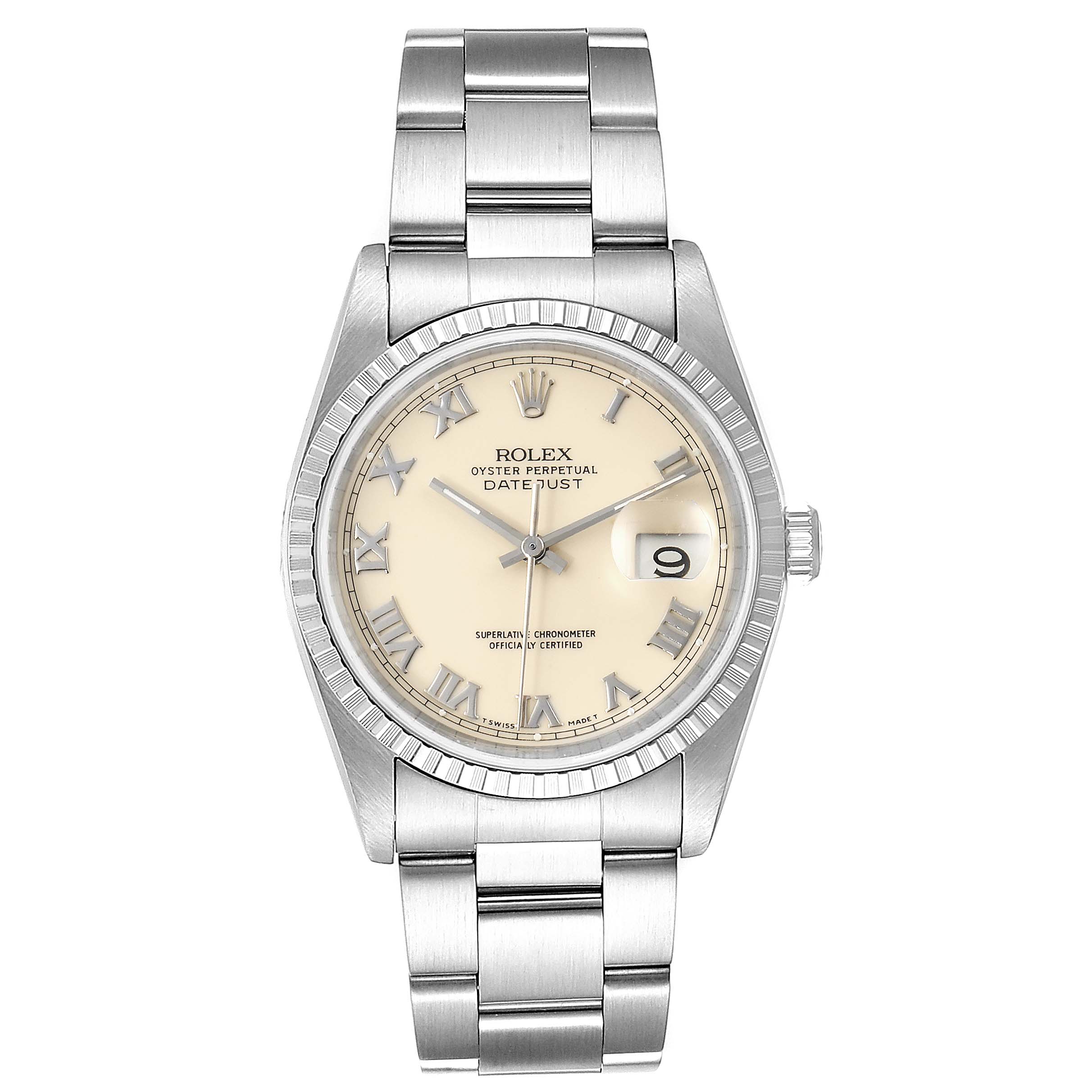 This is a frontal view of the Rolex Datejust 16220 Men's Stainless Steel Beige Dial 16220 Men's Stainless Steel Beige Dial, showing the face, bezel, crown, and bracelet.