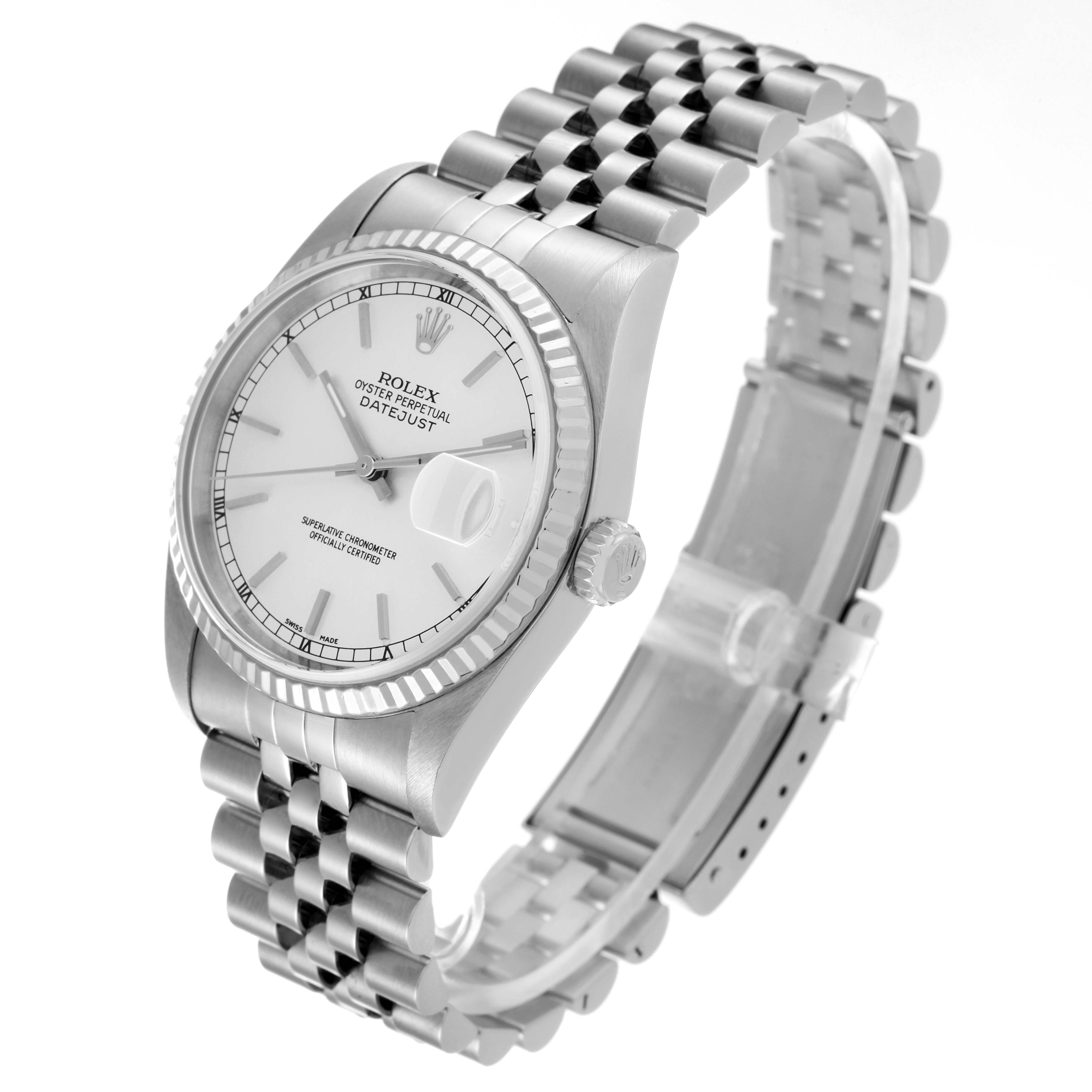 The Rolex Datejust 16234 Men's Stainless Steel Silver Dial 16234 Men's Stainless Steel Silver Dial watch is shown at a three-quarter angle, highlighting the face, bezel, crown, and jubilee bracelet.