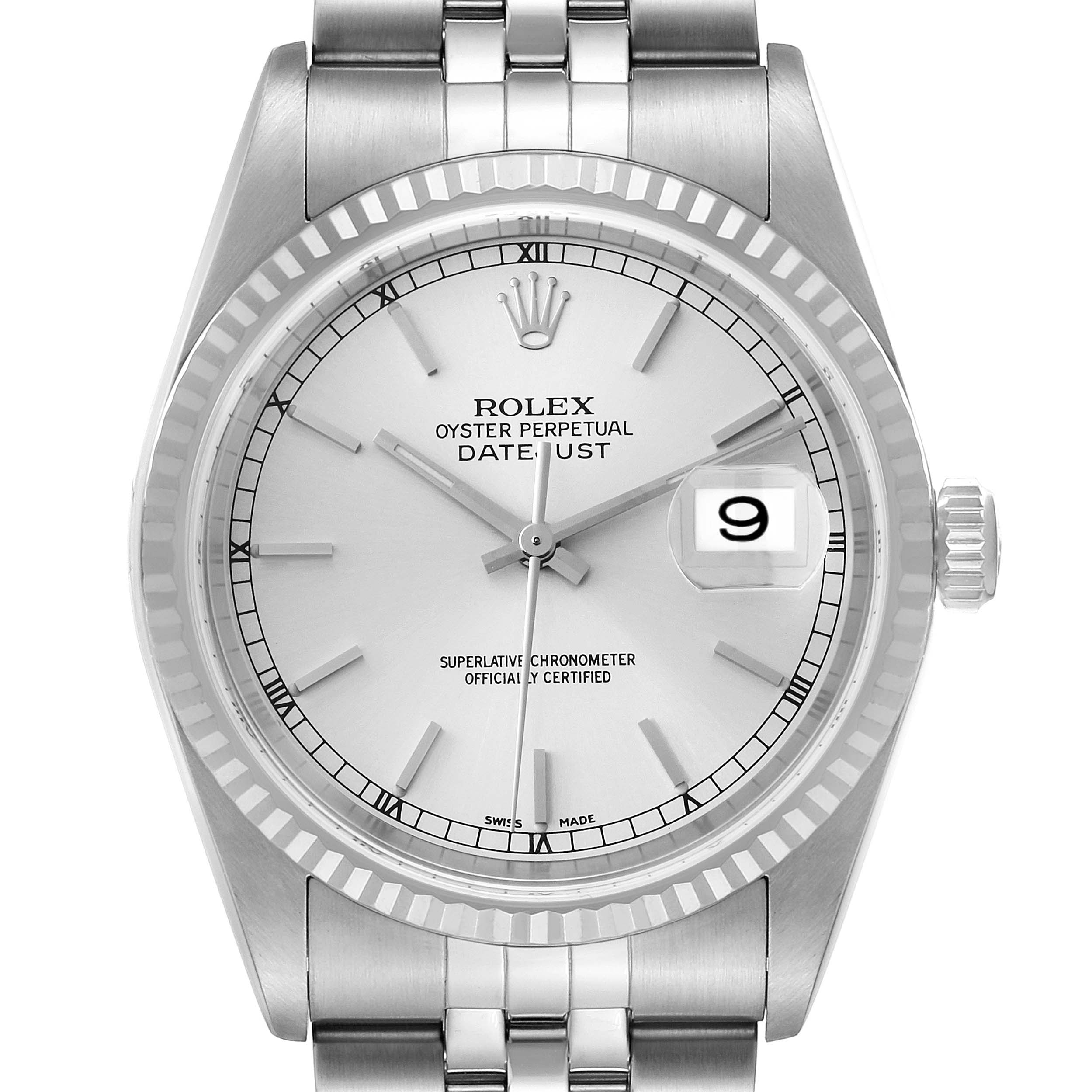 The Rolex Datejust 16234 Men's Stainless Steel Silver Dial 16234 Men's Stainless Steel Silver Dial watch is shown from a front angle, highlighting its face, bezel, crown, and part of the bracelet.