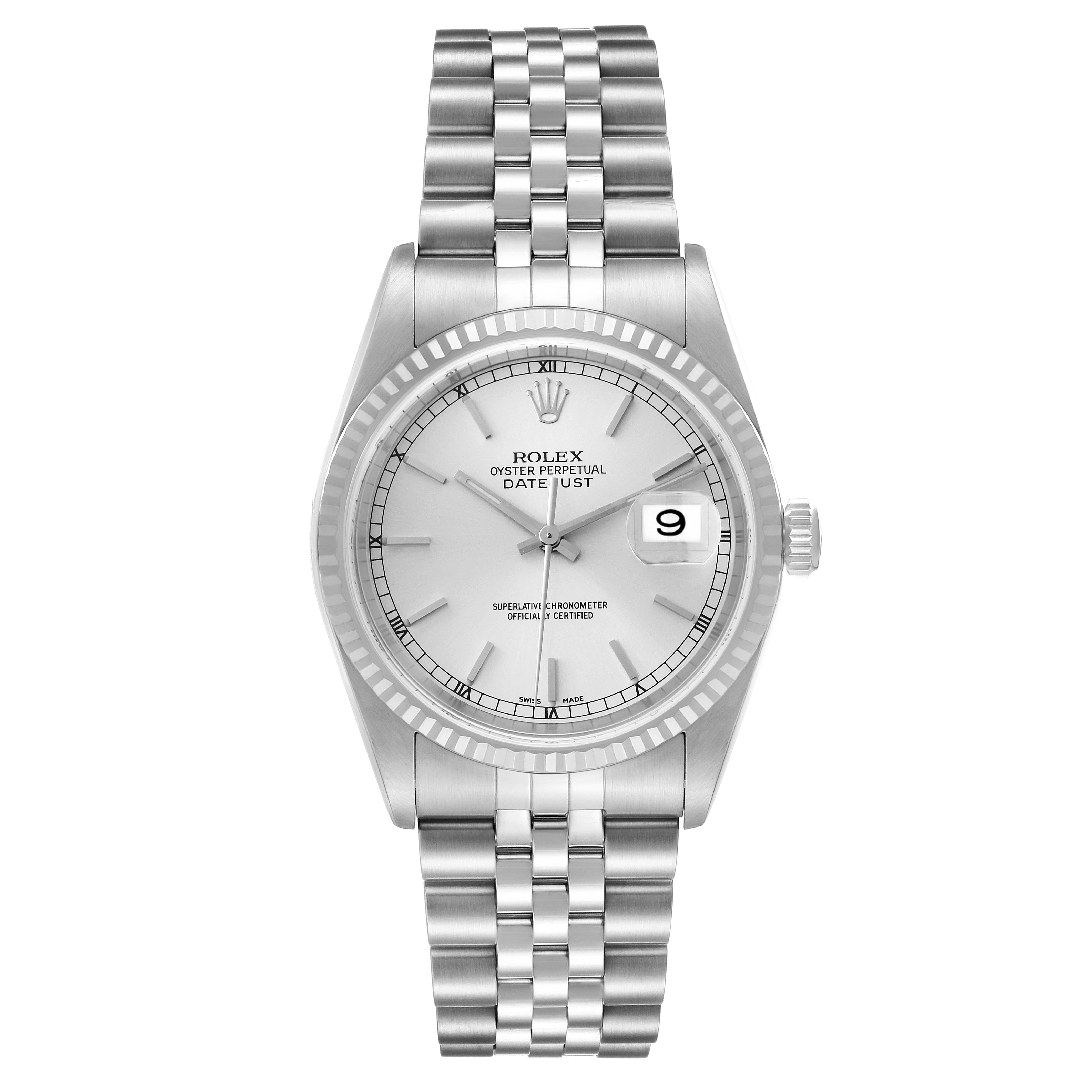 This image shows a front view of the Rolex Datejust 16234 Men's Stainless Steel Silver Dial 16234 Men's Stainless Steel Silver Dial watch, displaying its face, bezel, and bracelet.