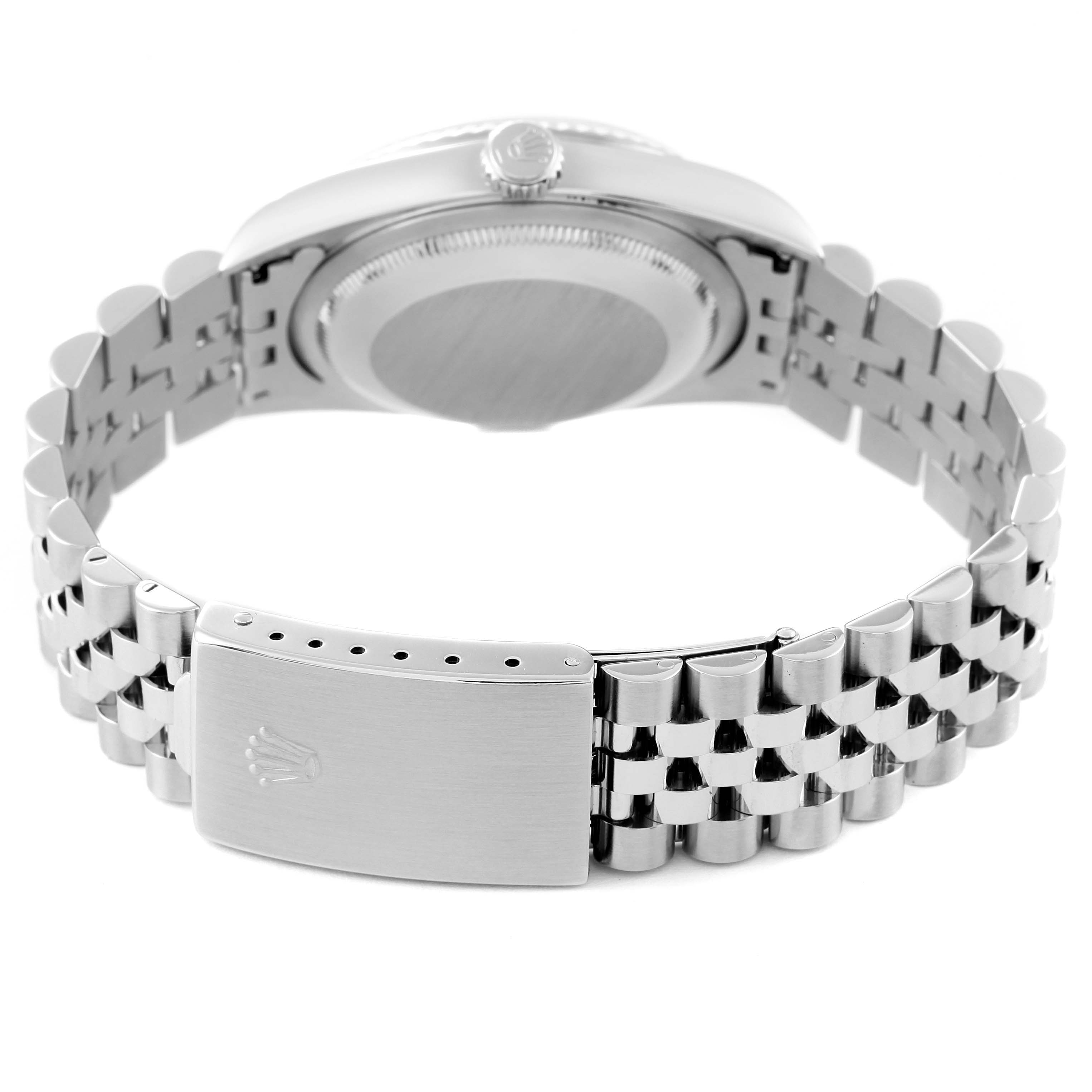 The image shows the back view of a Rolex Datejust 16234 Men's Stainless Steel Silver Dial 16234 Men's Stainless Steel Silver Dial watch, focusing on the case back and bracelet with clasp.