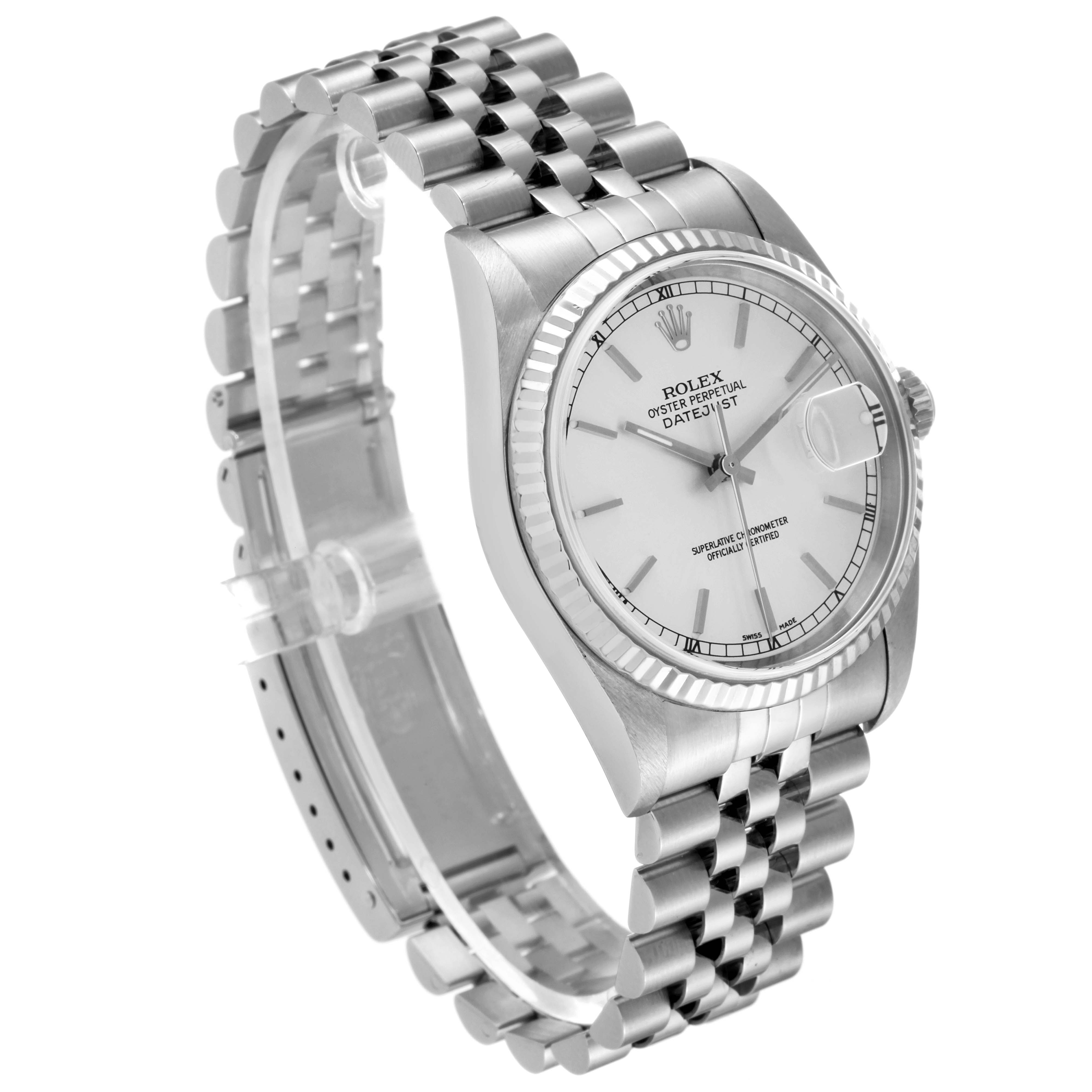 The image shows a side angle of a Rolex Datejust 16234 Men's Stainless Steel Silver Dial 16234 Men's Stainless Steel Silver Dial watch, highlighting the dial, bezel, and bracelet.