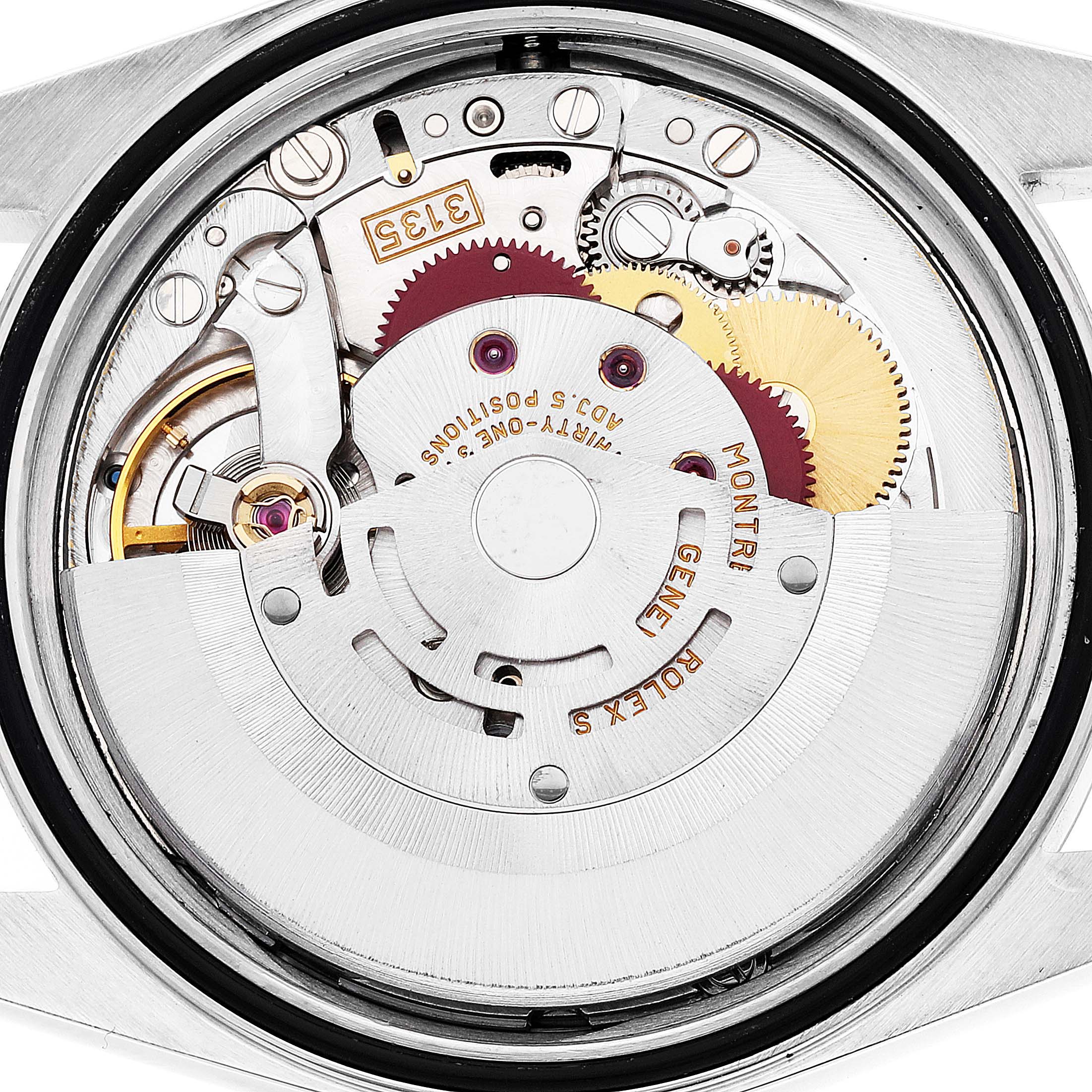 This is a close-up view of the internal mechanism of a Rolex Datejust 16234 Men's Stainless Steel Silver Dial 16234 Men's Stainless Steel Silver Dial watch, revealing its intricate gears and components.