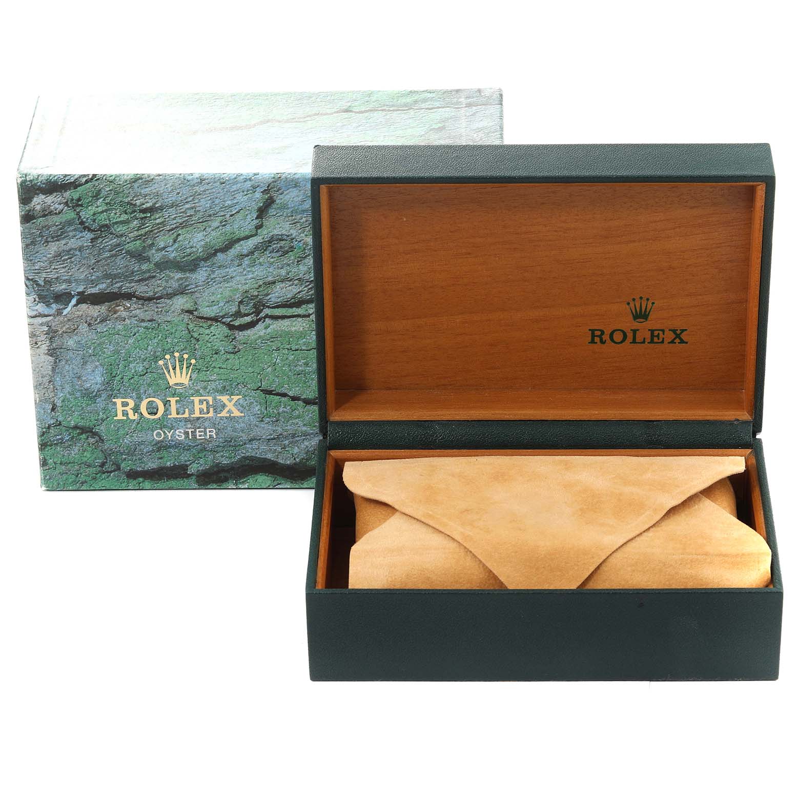 The image shows a Rolex Datejust 16234 Men's Stainless Steel Silver Dial 16234 Men's Stainless Steel Silver Dial watch box and a brown watch pouch inside an open wooden box with the Rolex logo.