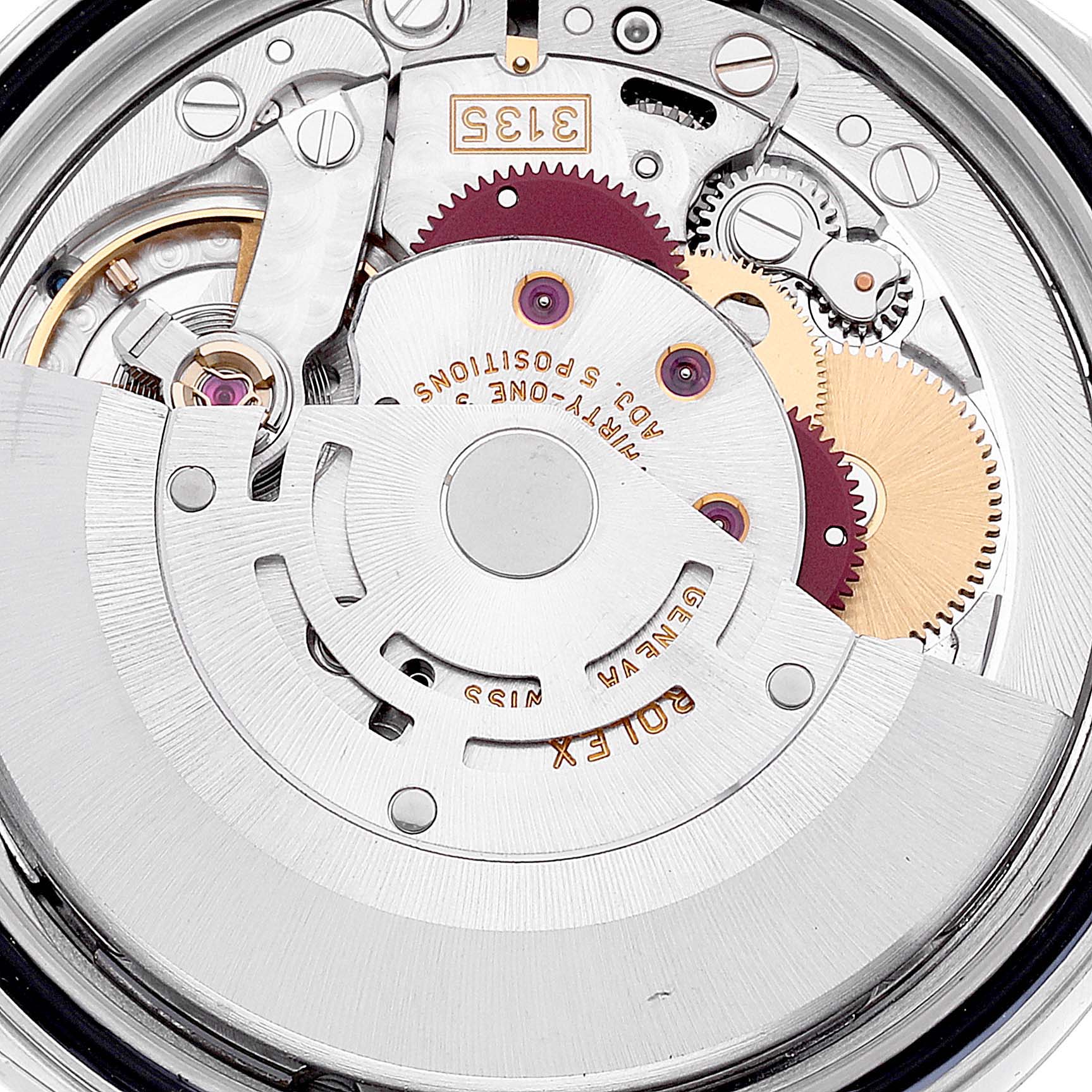 This image shows the movement and internal components of a Rolex Datejust 16234 Men's Stainless Steel Silver Dial 16234 Men's Stainless Steel Silver Dial watch from a close-up, top-down perspective.